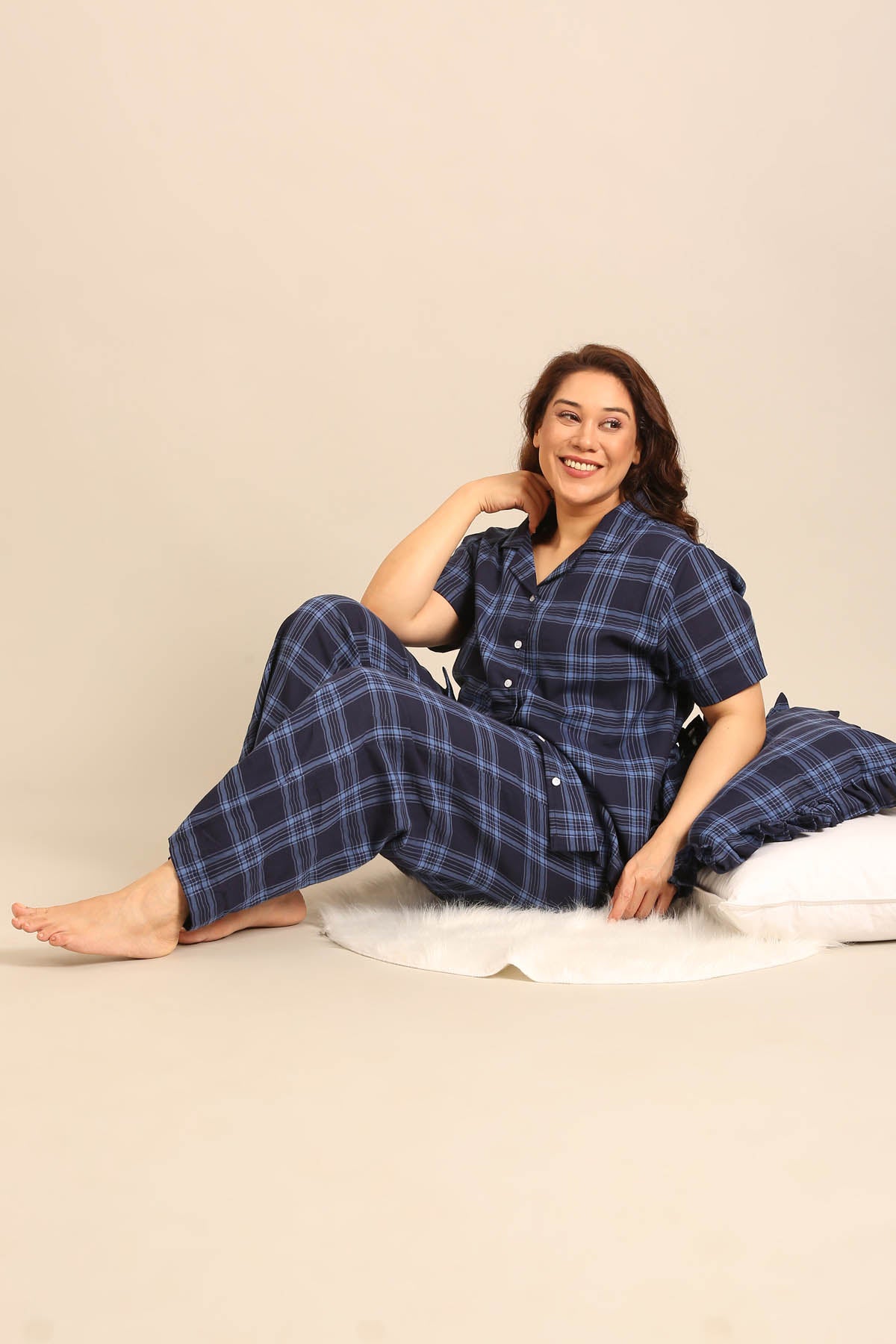 Vienna Check Cotton Women's Curve Pajama Set - Half Sleeves