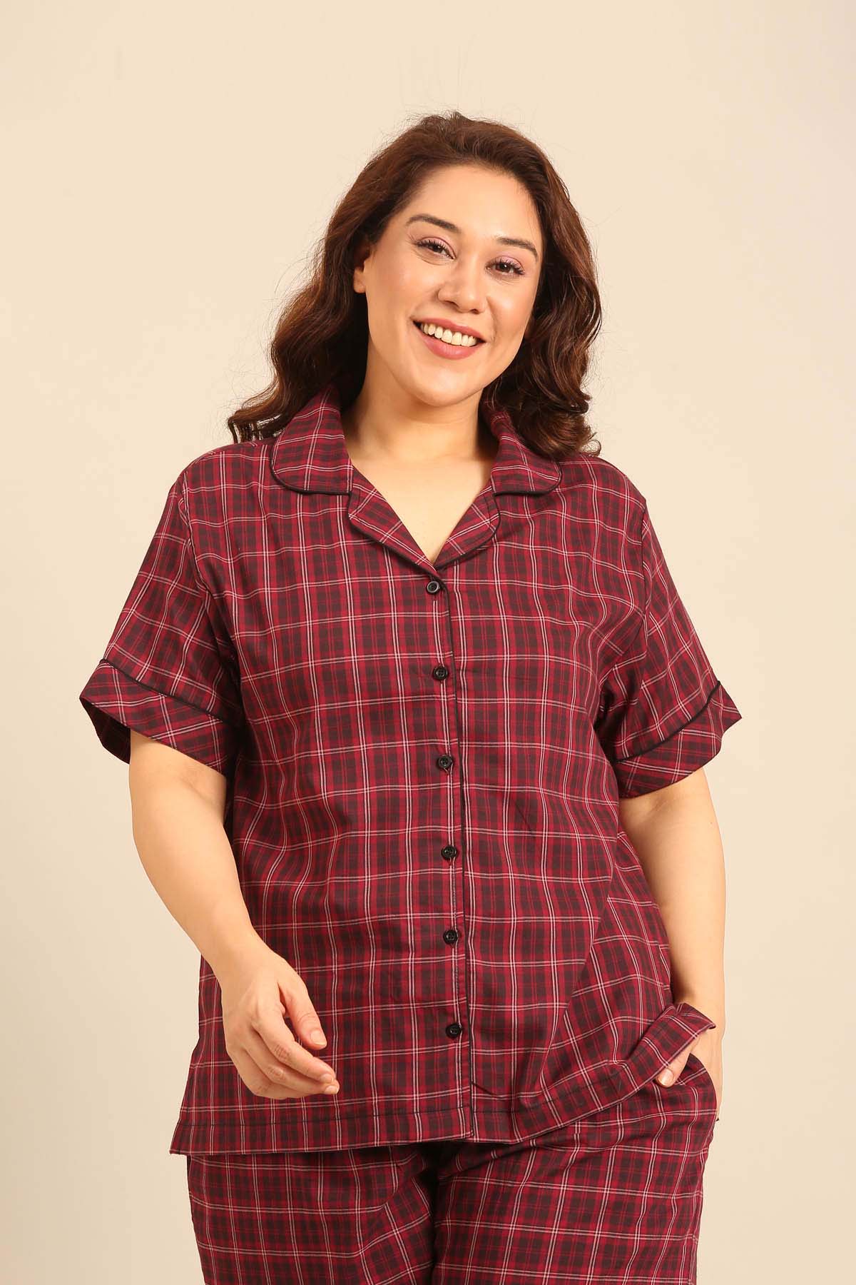 Veronica Plaid Cotton Women's Cotton Curve Pajama Set - Half Sleeves