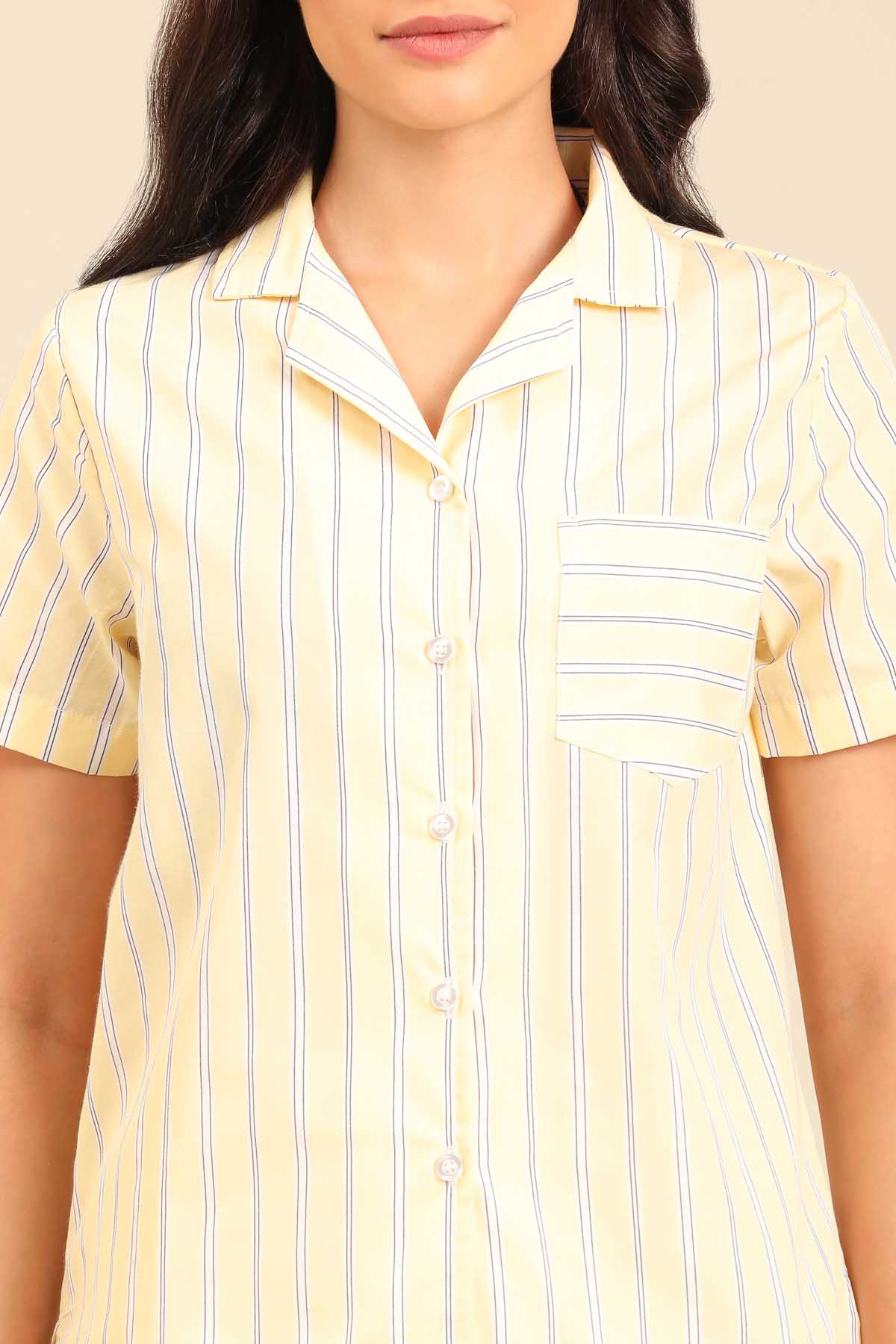Butter Yellow Stripe Cotton Blend Women's Pajama Set - Half Sleeves
