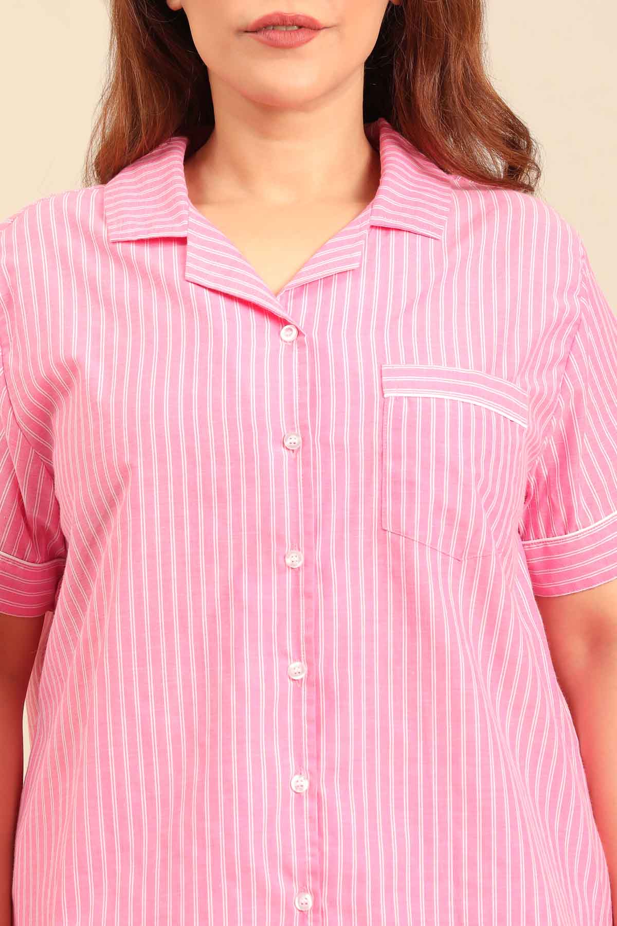Miranda Stripe Cotton Women's Curve Pajama Set - Half Sleeves