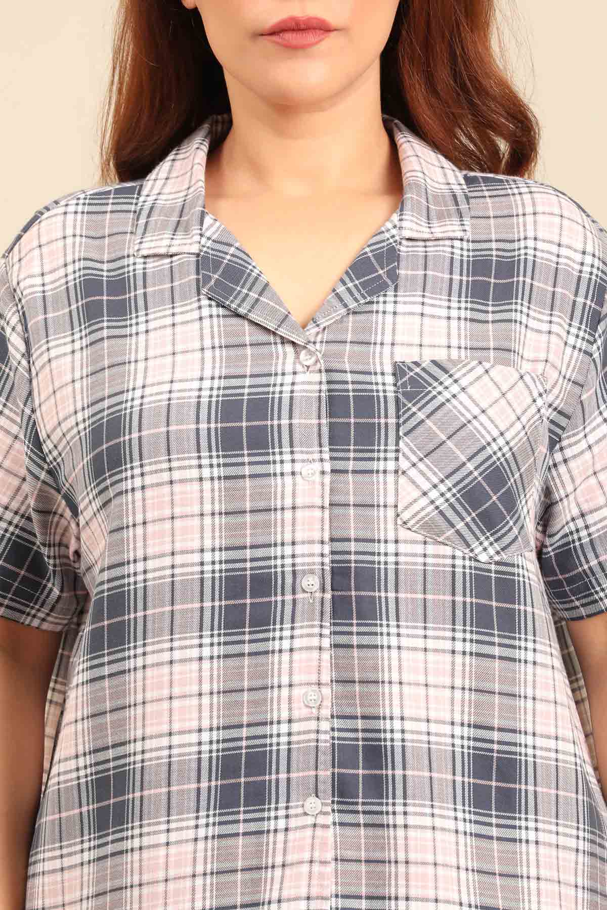 Maisie Check Cotton Twill Women's Curve Shorts Set - Half Sleeves