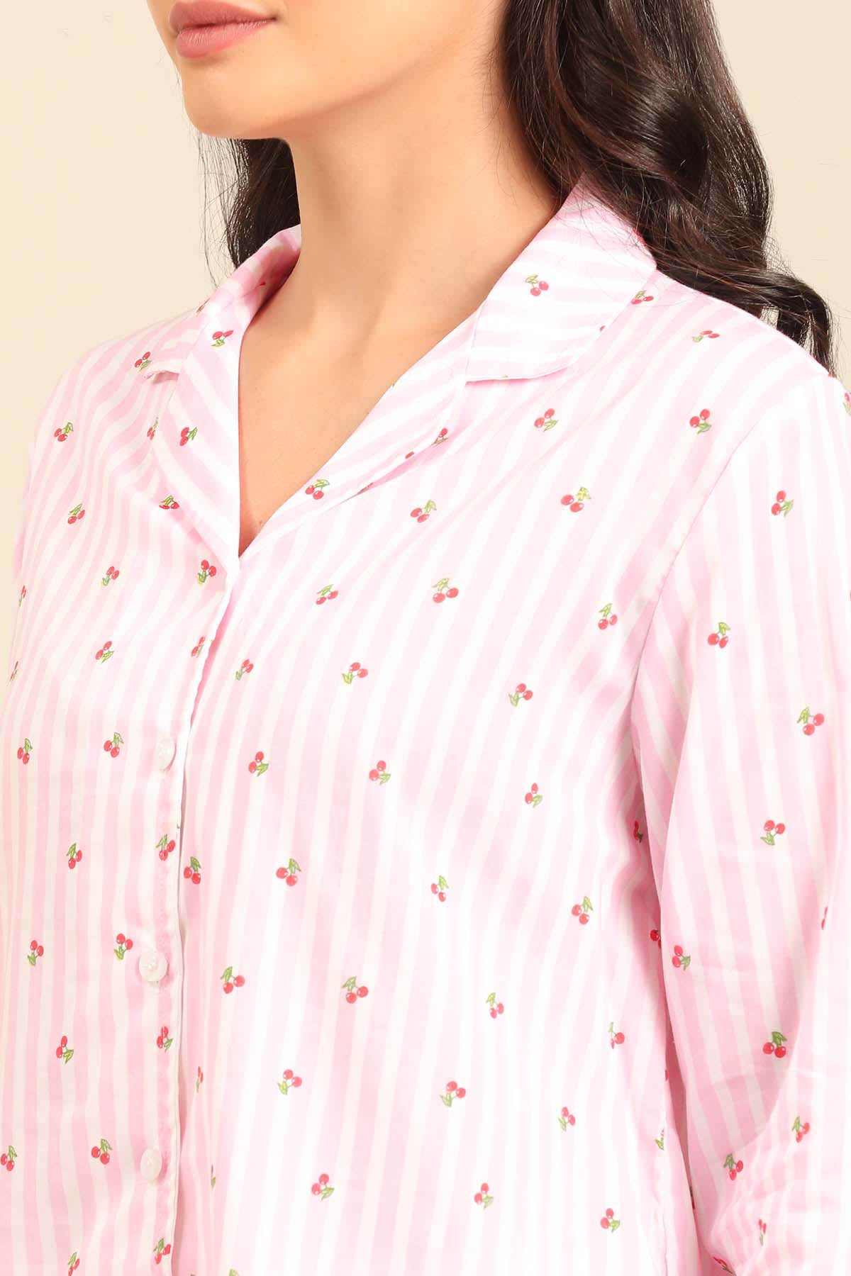 Cherry Stripe Cotton Women's Pajama Set - Full Sleeves