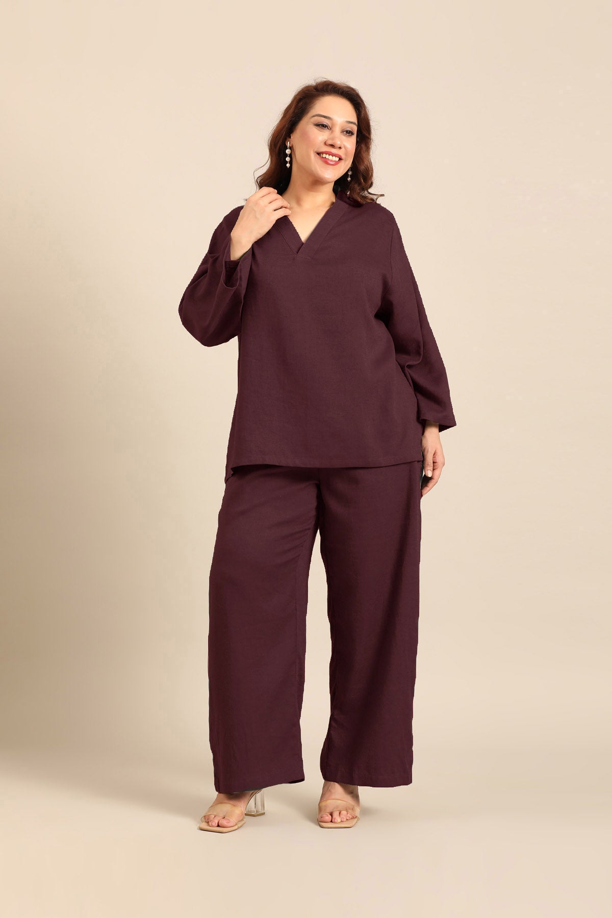 Adele Wine Linen Blend Women's Co-ord Set