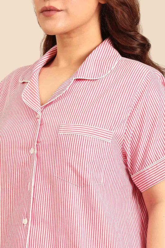 Sienna Red Pinstripe Cotton Women's Curve Pajama Set - Half Sleeves