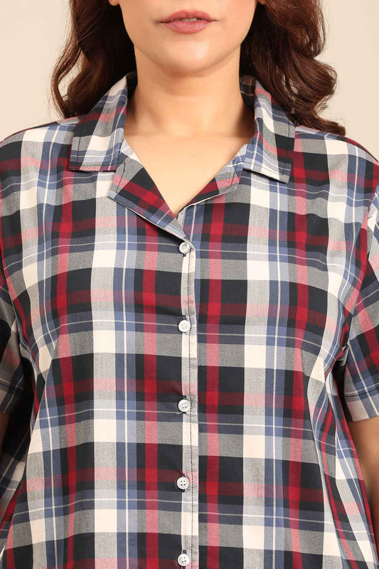 Leah Check Cotton Blend Women's Curve Pajama Set - Half Sleeves