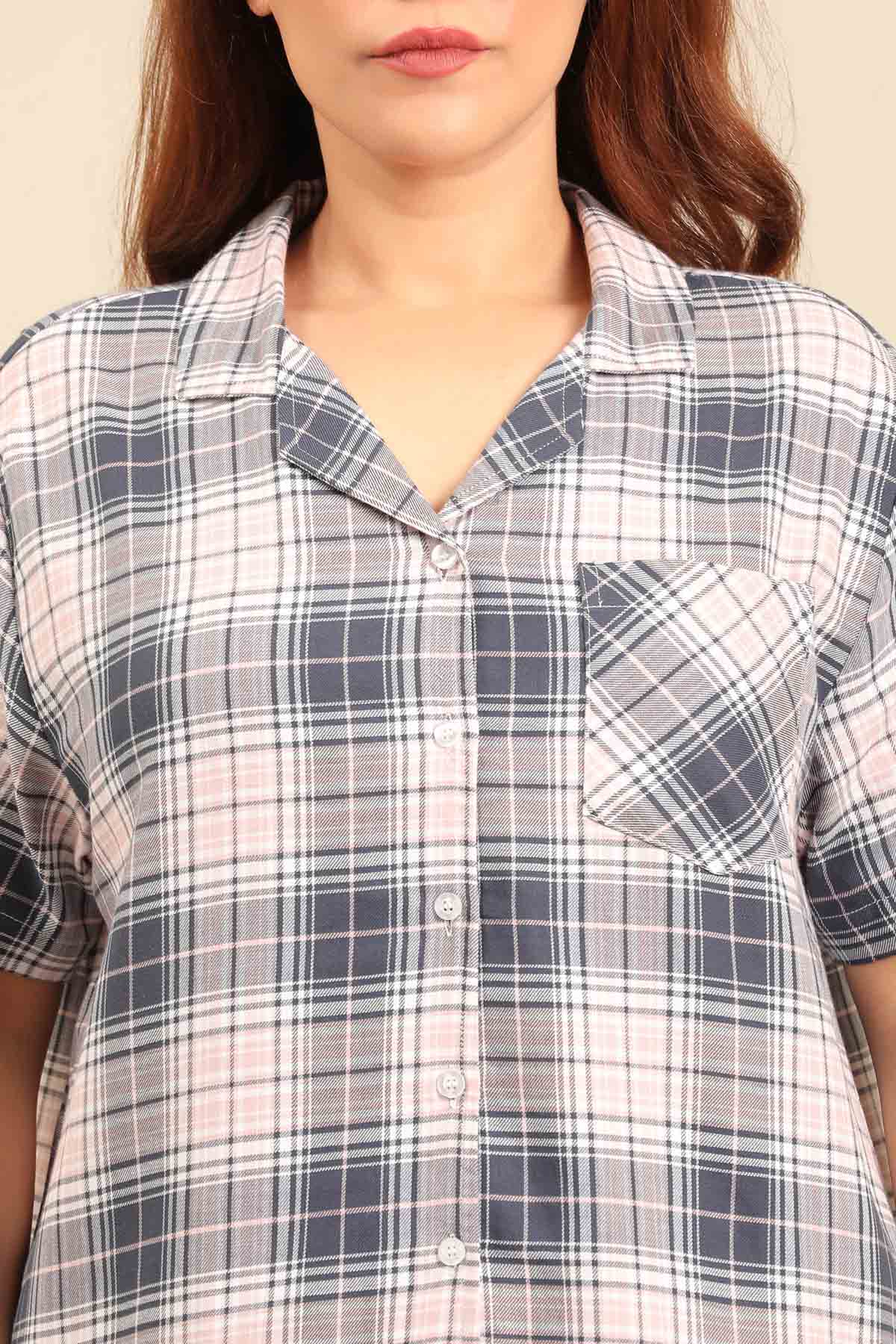 Maisie Check Cotton Twill Women's Curve Pajama Set - Half Sleeves