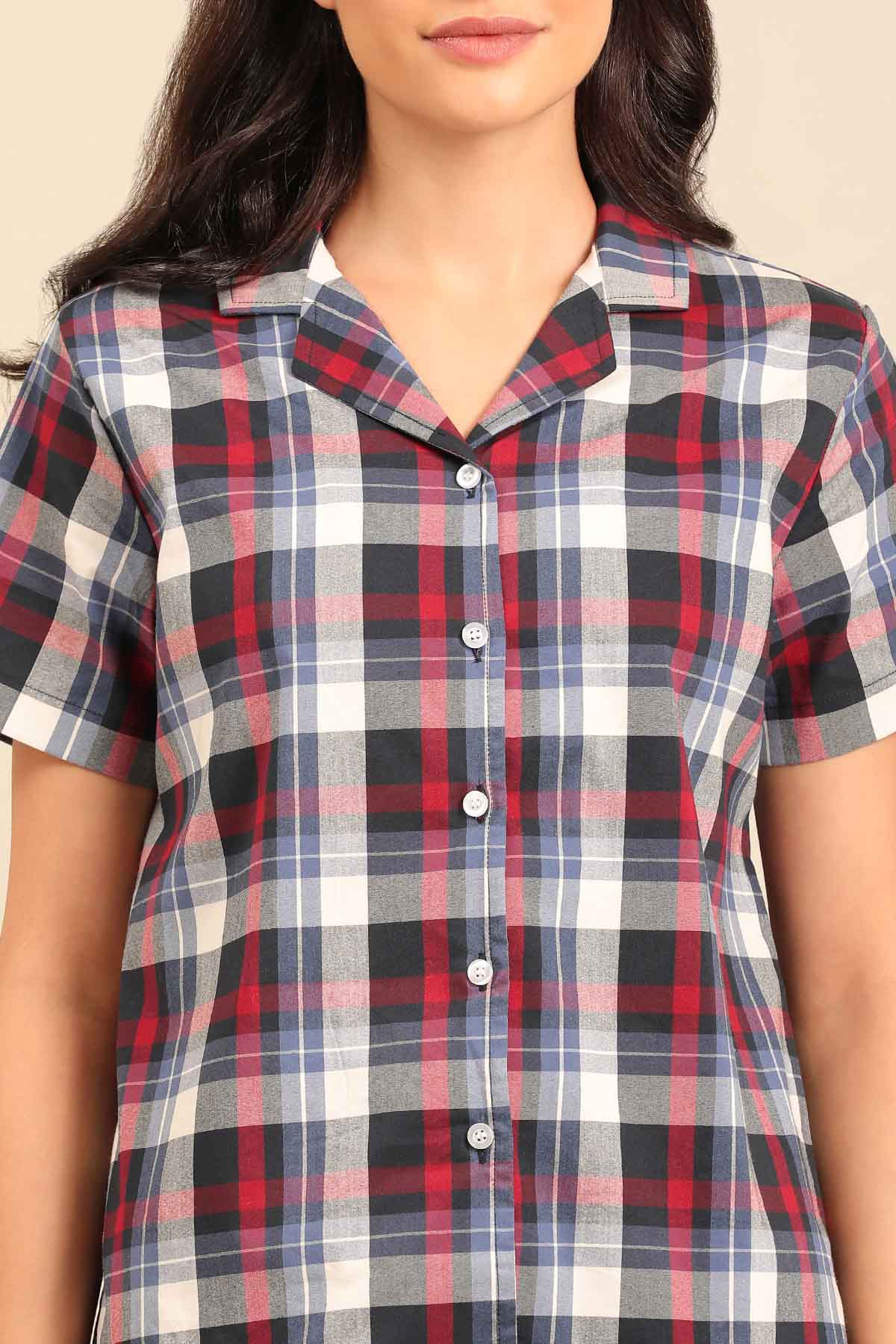 Leah Check Cotton Women's Pajama Set - Half Sleeves