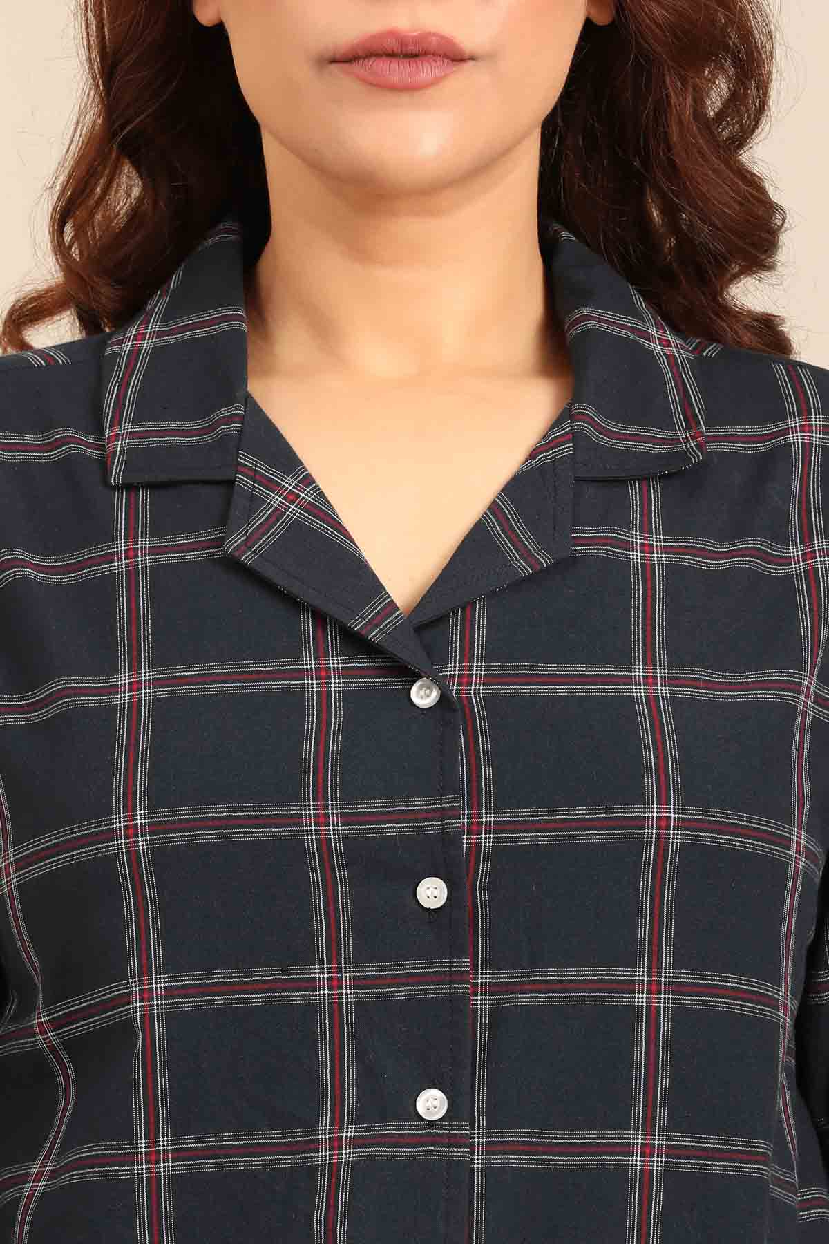 Amelia Check Cotton Blend Women's Curve Pajama Set - Full Sleeves