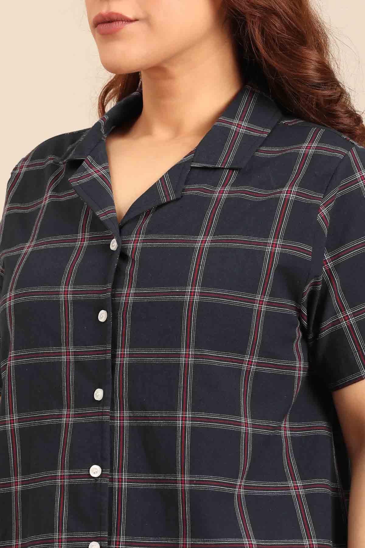 Amelia Check Cotton Blend Women's Curve Shirt Only - Half Sleeves