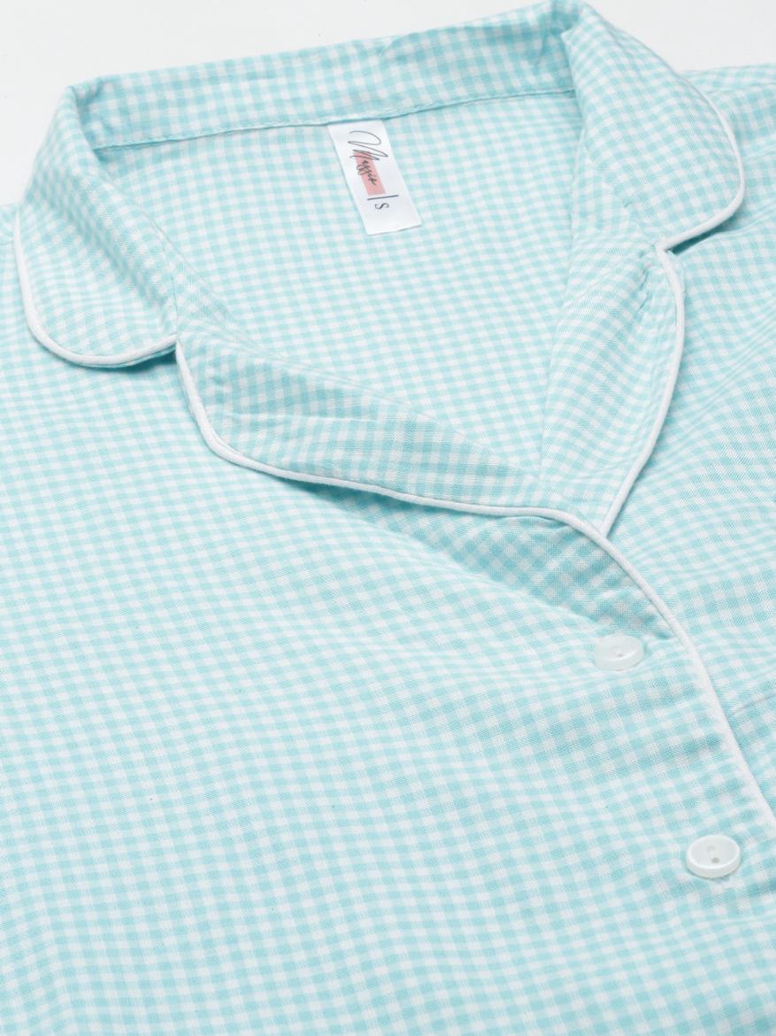 Aqua Checked Cotton Women's Shorts Set