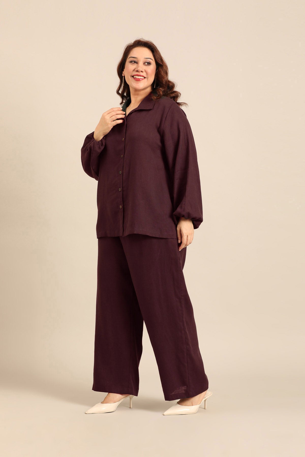 Camilla Wine Linen Blend Women's Co-ord Set