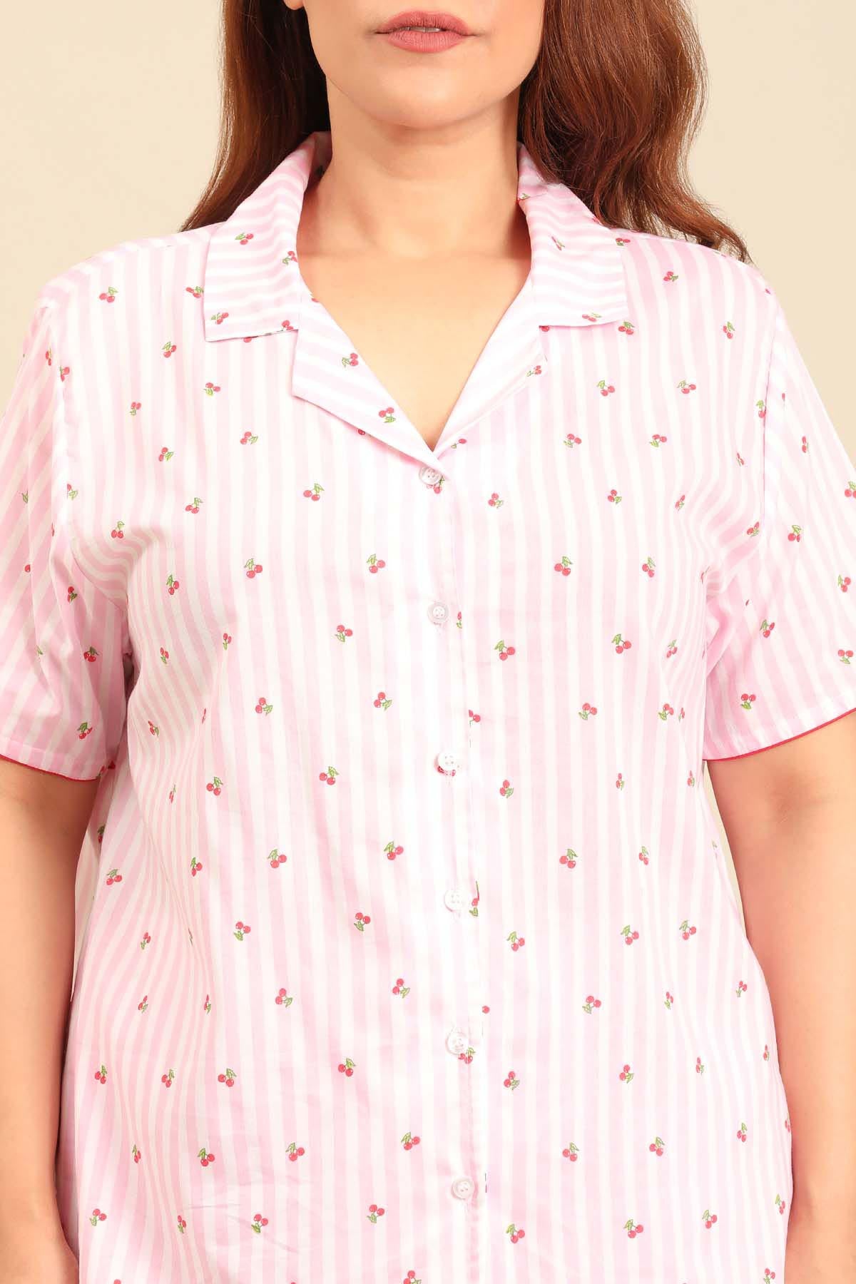 Cherry Stripe Cotton Women's Curve Pajama Set - Half Sleeves