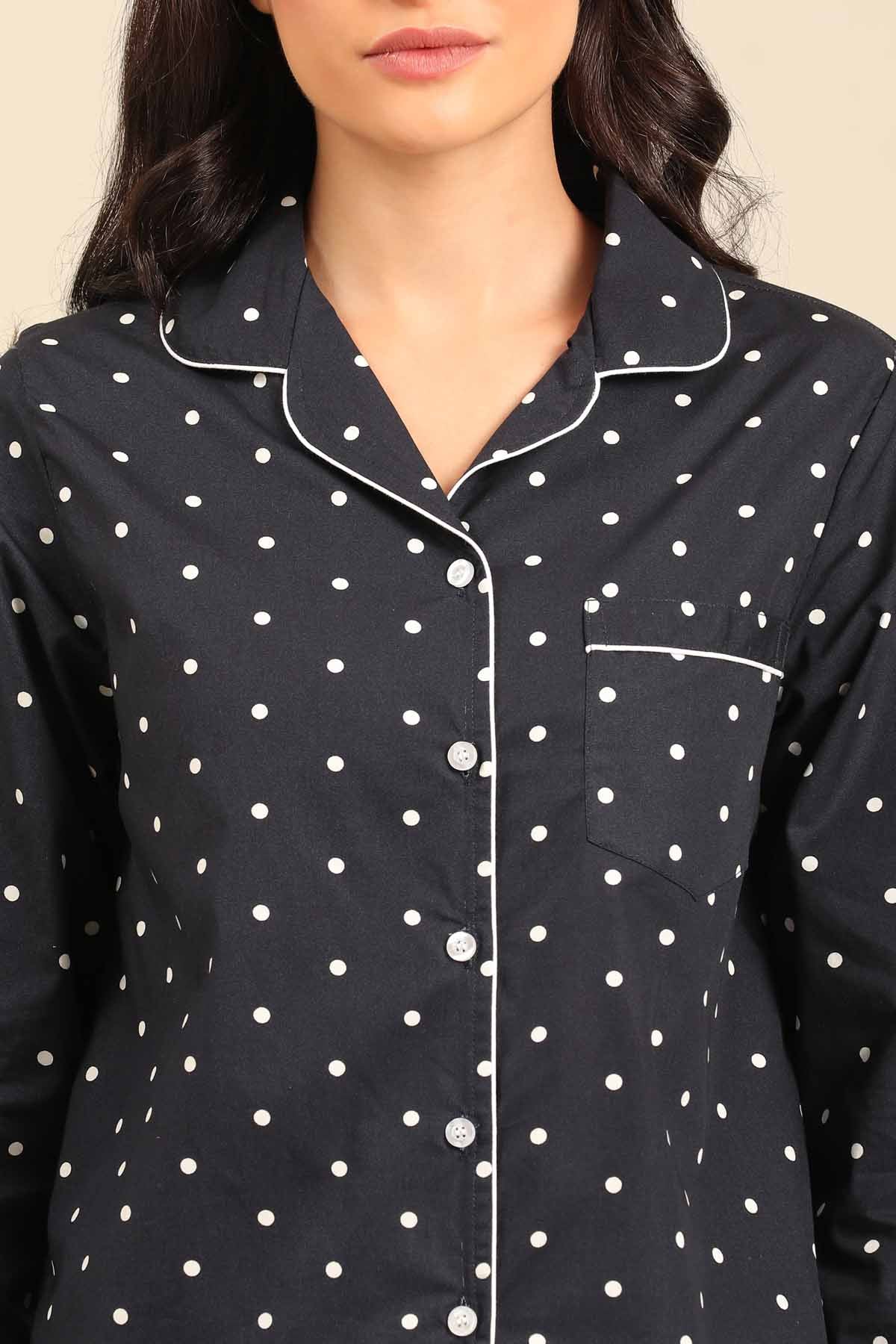Navy Polka Cotton Blend Women's Pajama Set - Full Sleeves