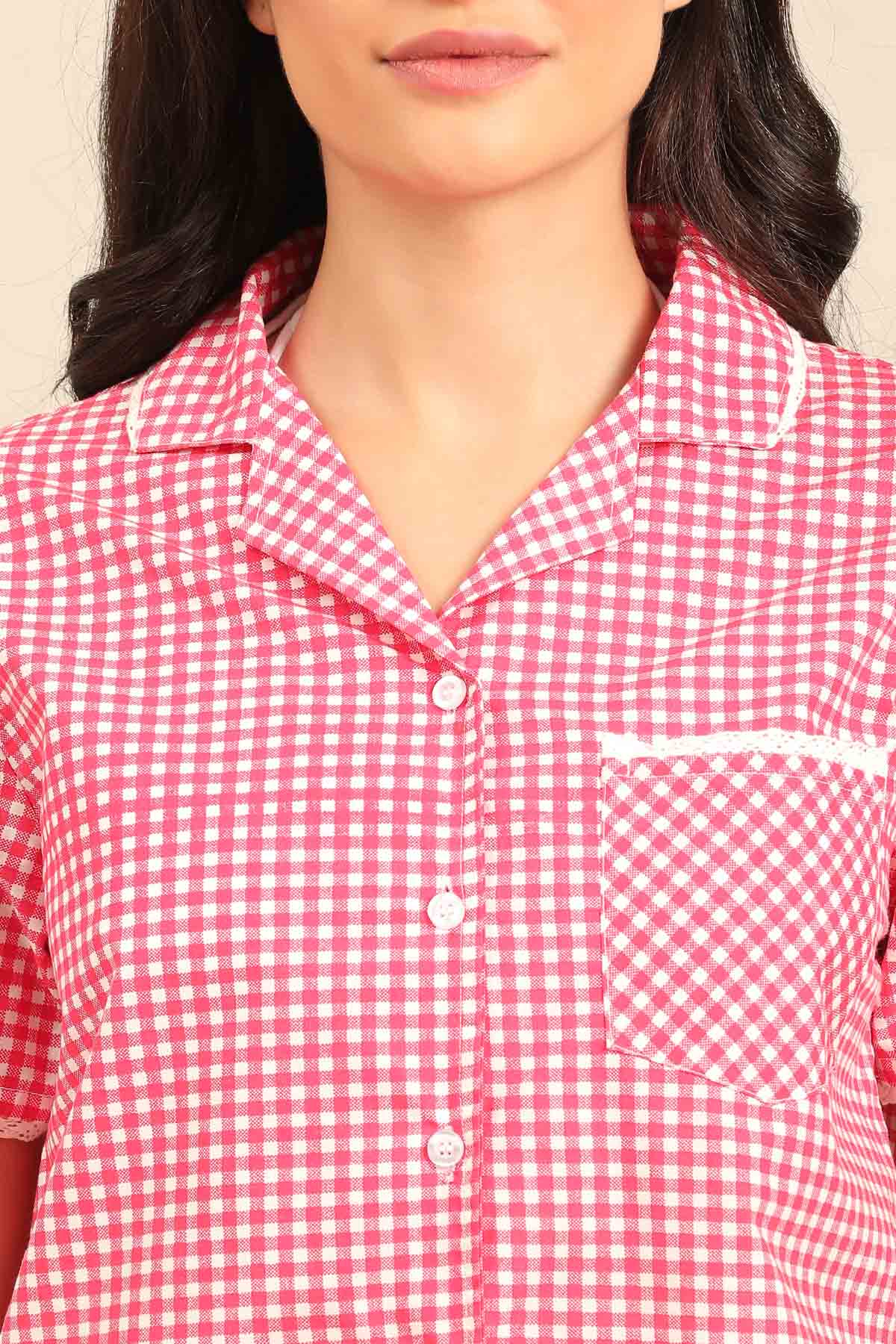 Red Gingham Check Cotton Blend Women's Pajama Set - Half Sleeves