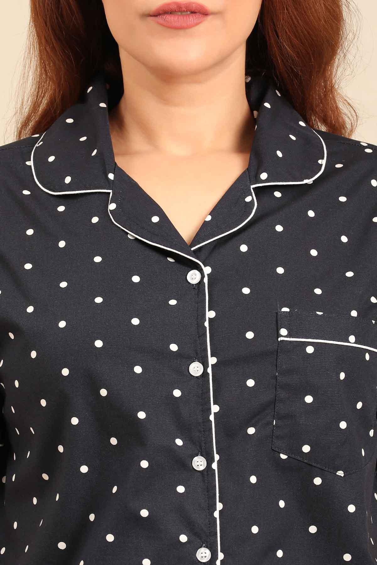 Navy Polka Cotton Blend Women's Curve Pajama Set - Half Sleeves