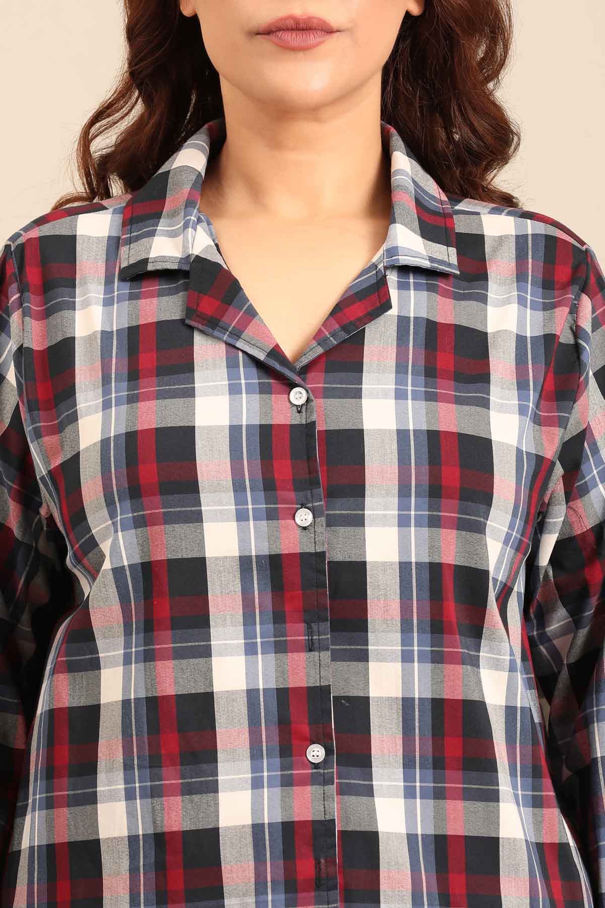 Leah Check Cotton Blend Women's Curve Shirt Only - Full Sleeves