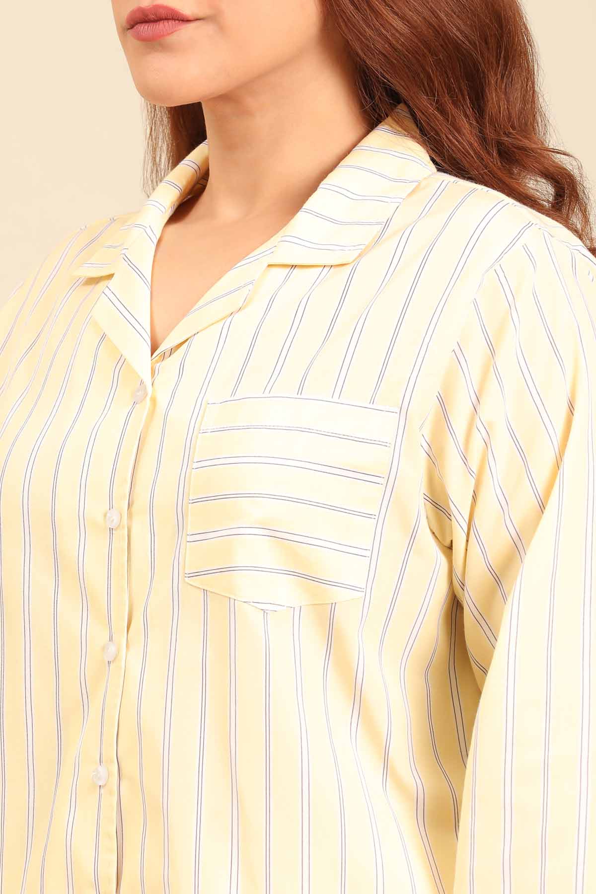 Butter Yellow Stripe Cotton Blend Women's Curve Shorts Set - Full Sleeves