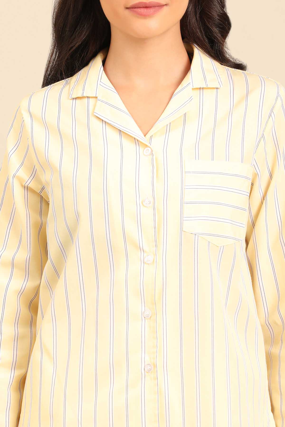 Butter Yellow Stripe Cotton Blend Women's Pajama Set - Full Sleeves