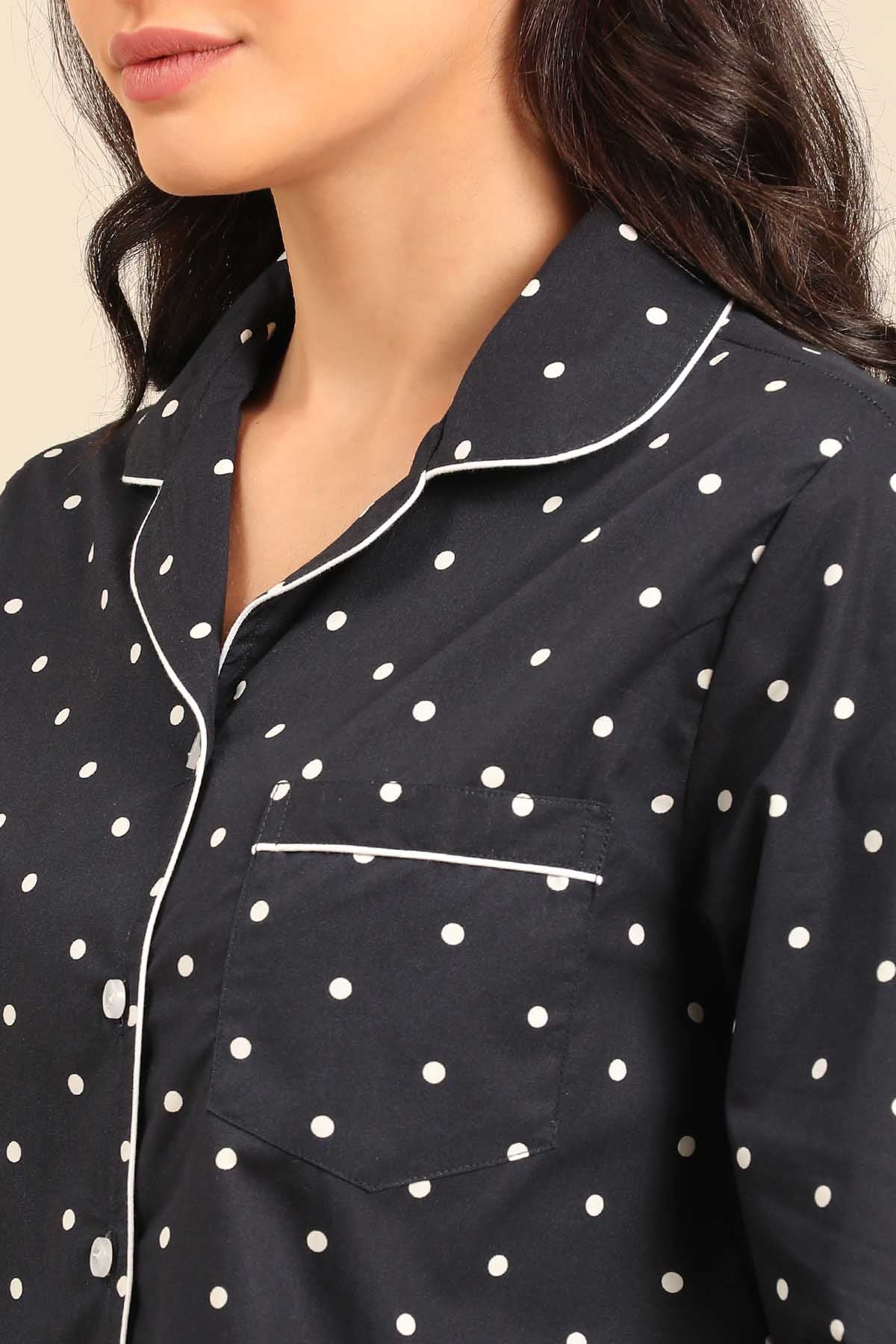 Navy Polka Cotton Blend Women's Shorts Set - Full Sleeves