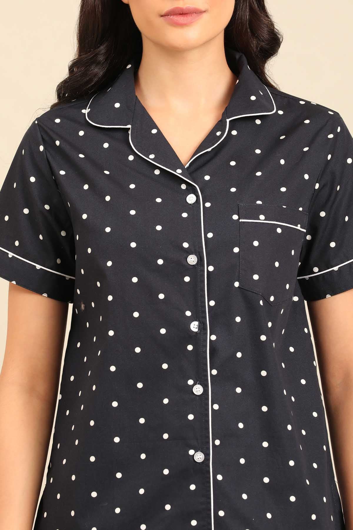 Navy Polka Cotton Blend Women's Pajama Set - Half Sleeves