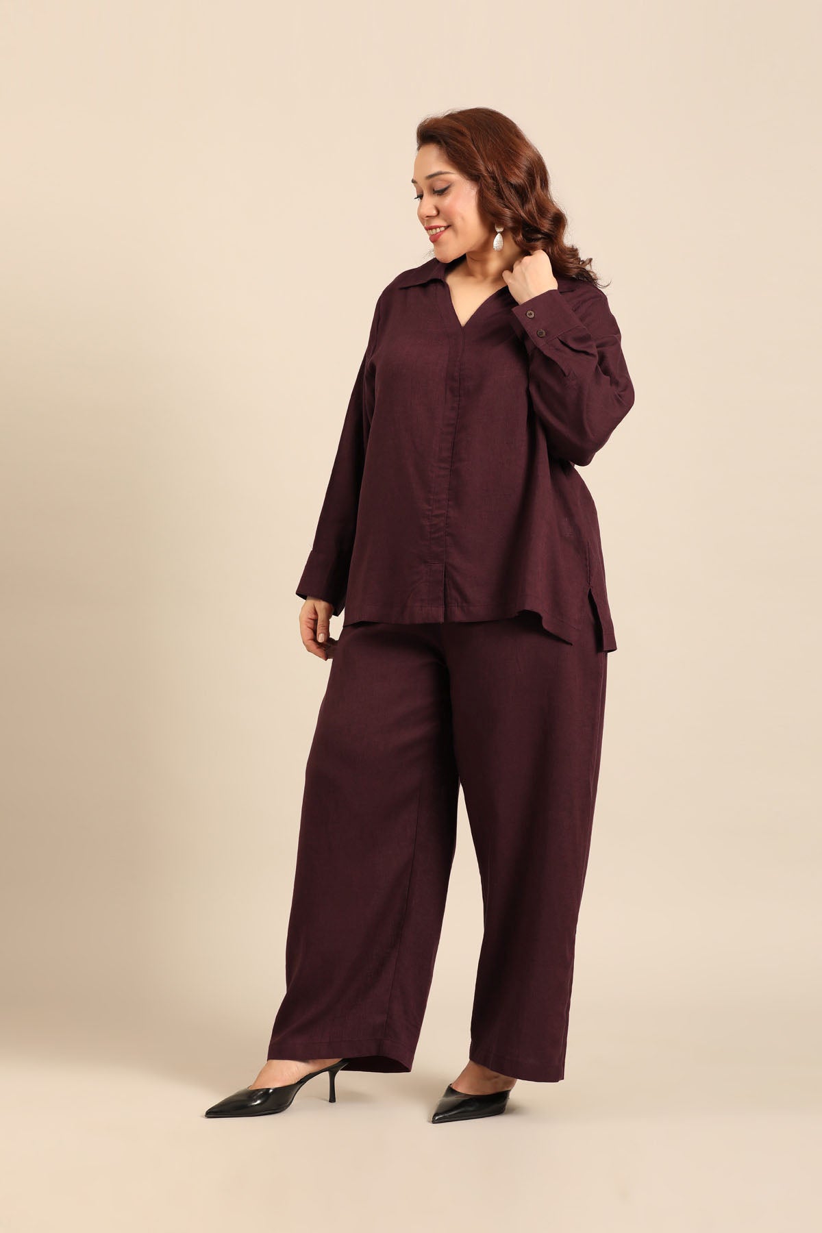 Elora Wine Linen Blend Women's Co-ord Set