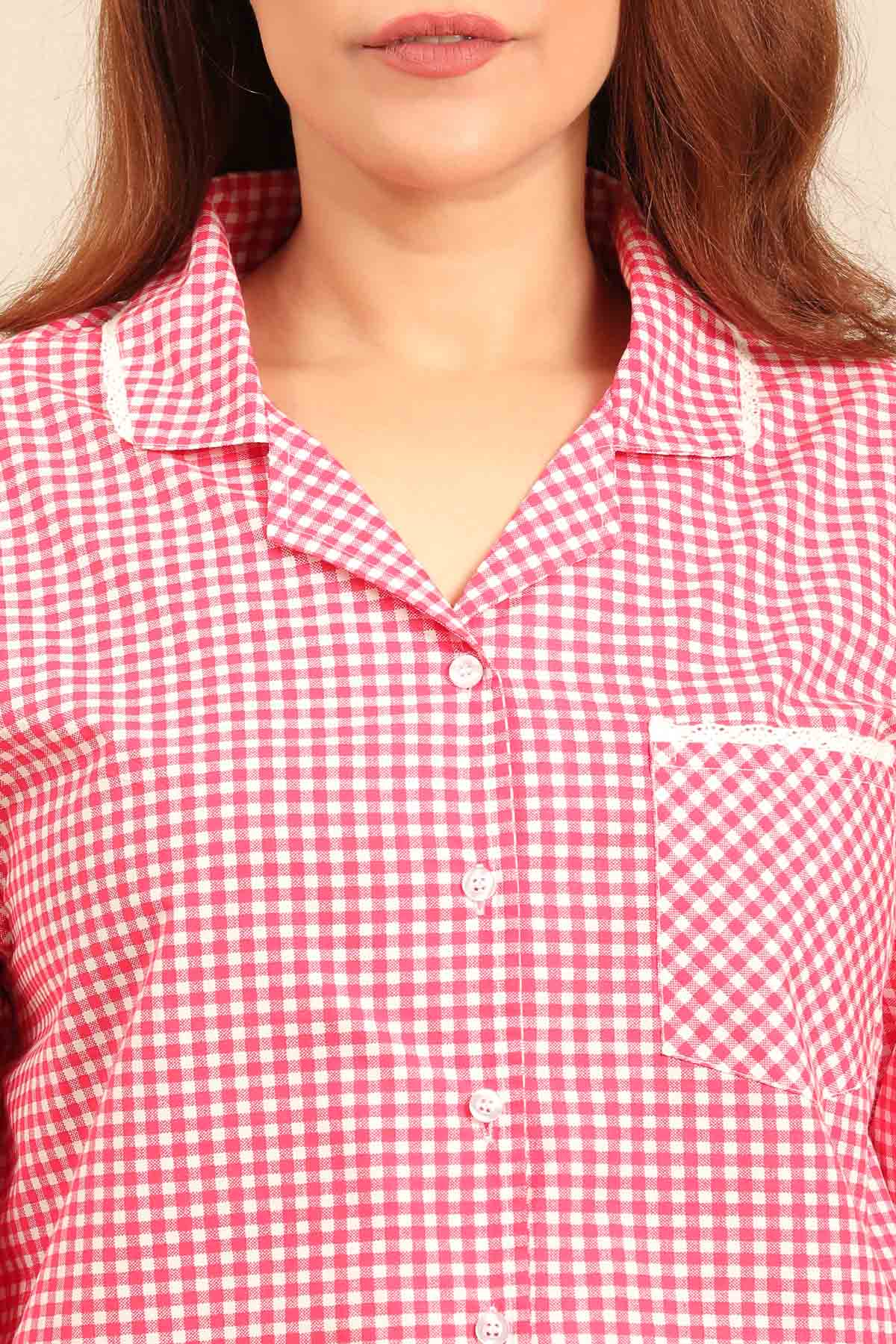 Red Gingham Check Cotton Blend Women's Curve Pajama Set - Full Sleeves