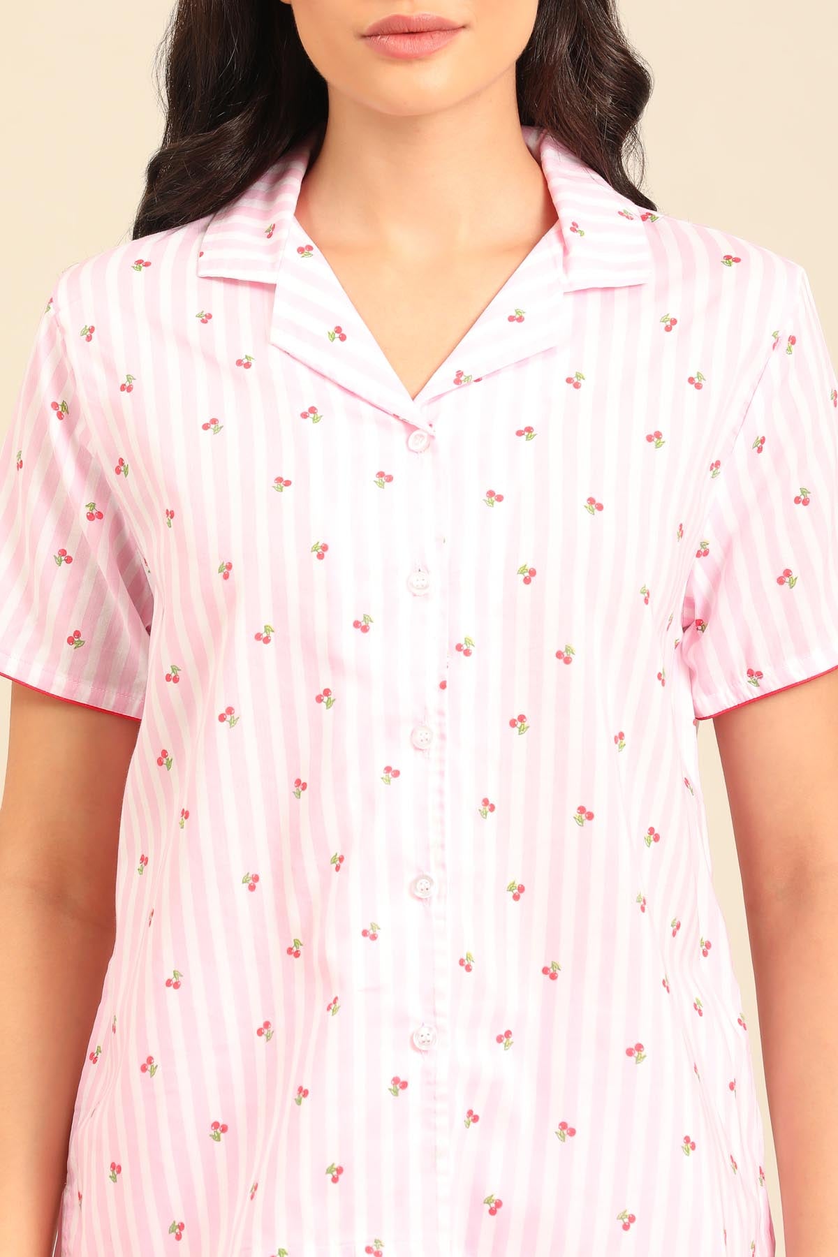 Cherry Stripe Cotton Women's Pajama Set - Half Sleeves