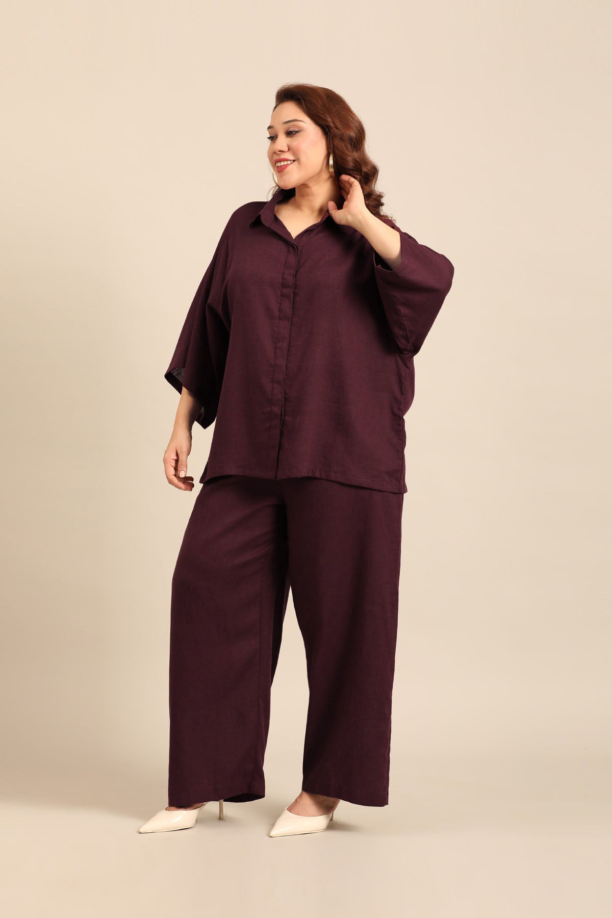Celine Wine Linen Blend Women's Co-ord Set