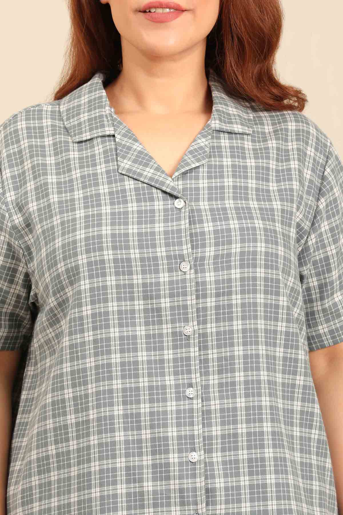 Dusty Blue Check Cotton Twill Women's Curve Shorts Set - Half Sleeves
