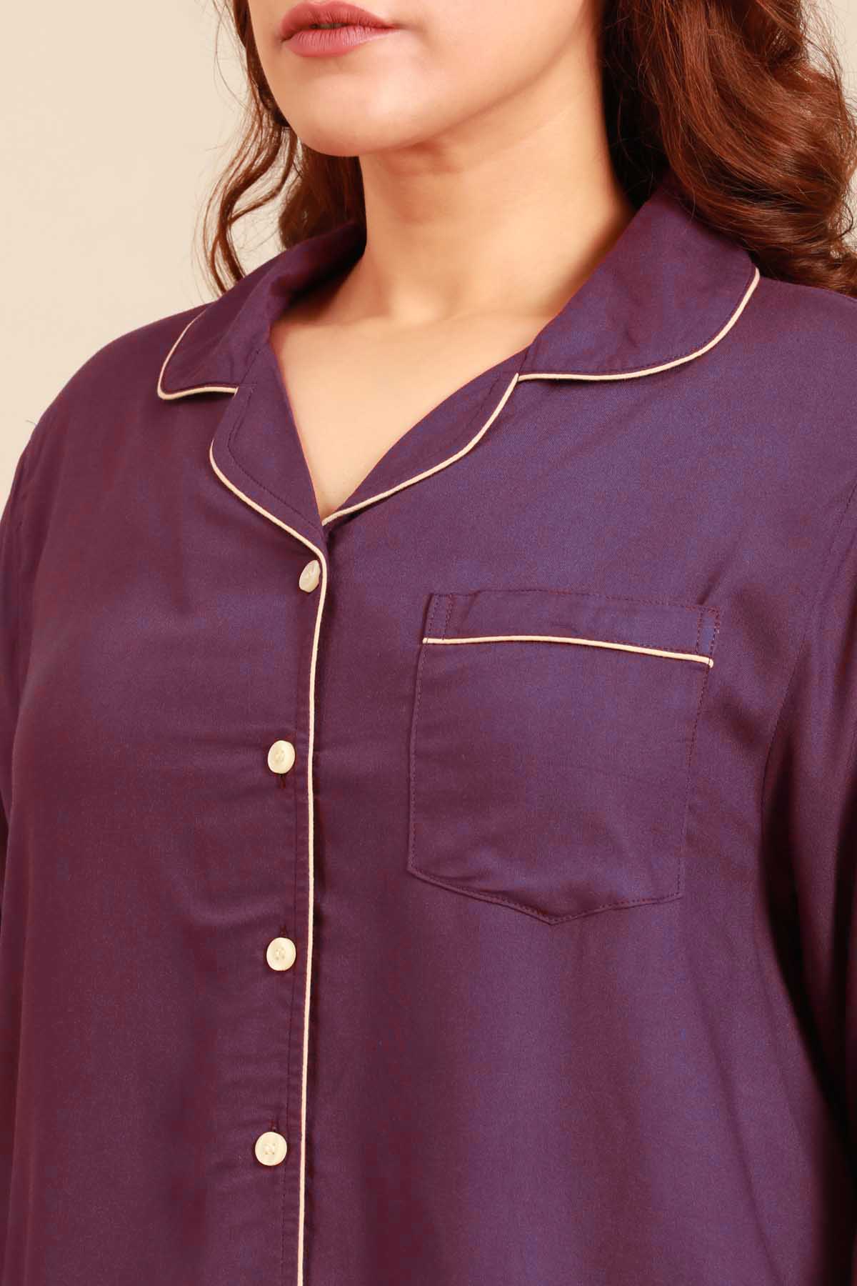Emily Merlot Viscose Women's Curve Pajama Set - Full Sleeves