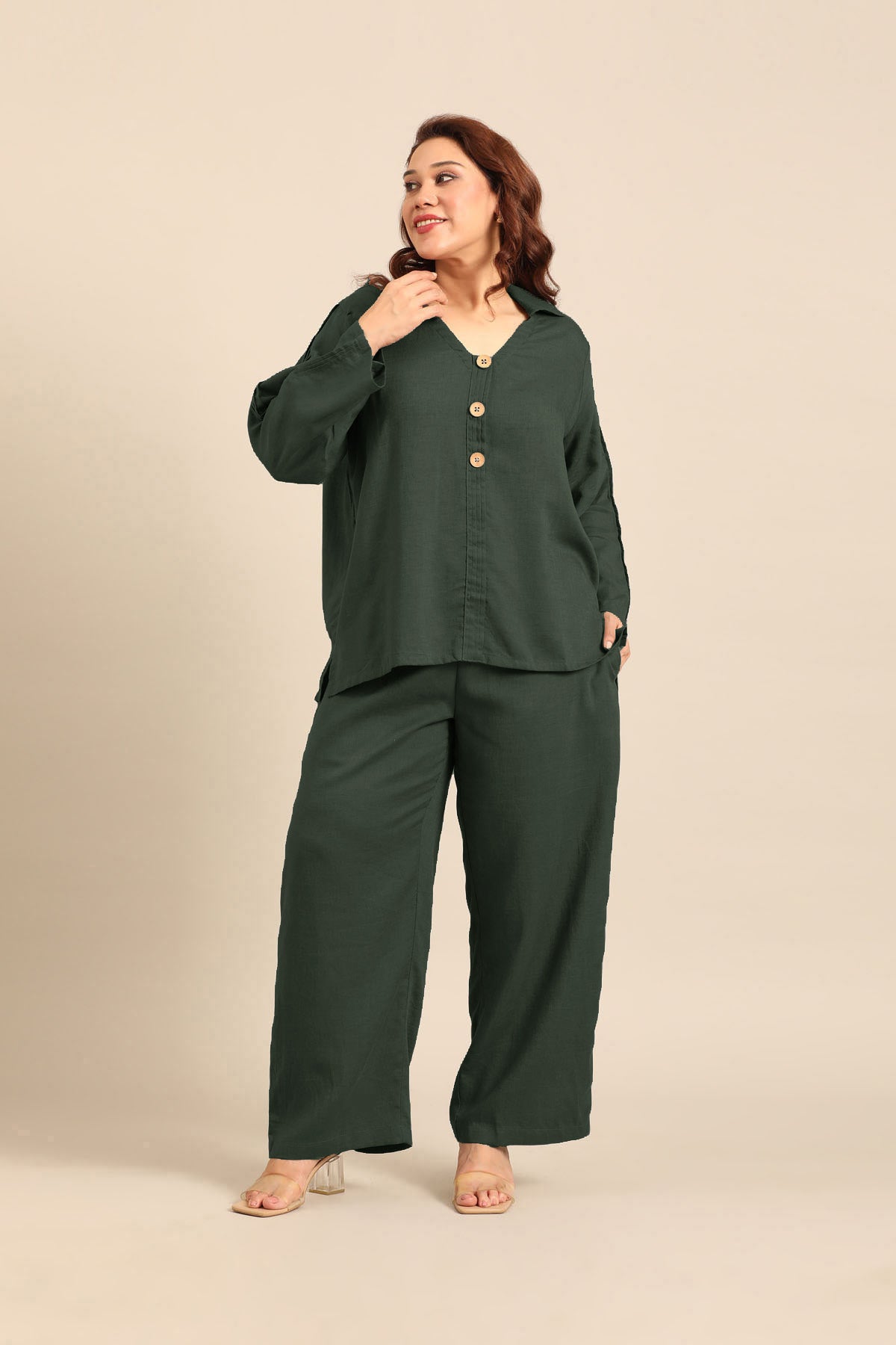 Kylie Forest Green Linen Blend Women's Co-ord Set
