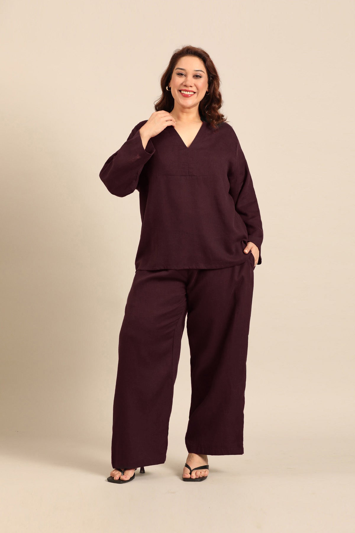 Sandra Wine Linen Blend Women's Co-ord Set