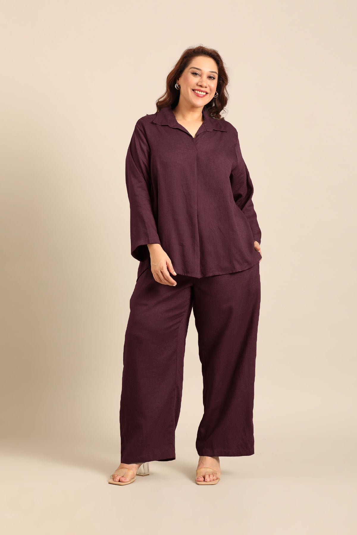 Estelle Wine Linen Blend Women's Co-ord Set