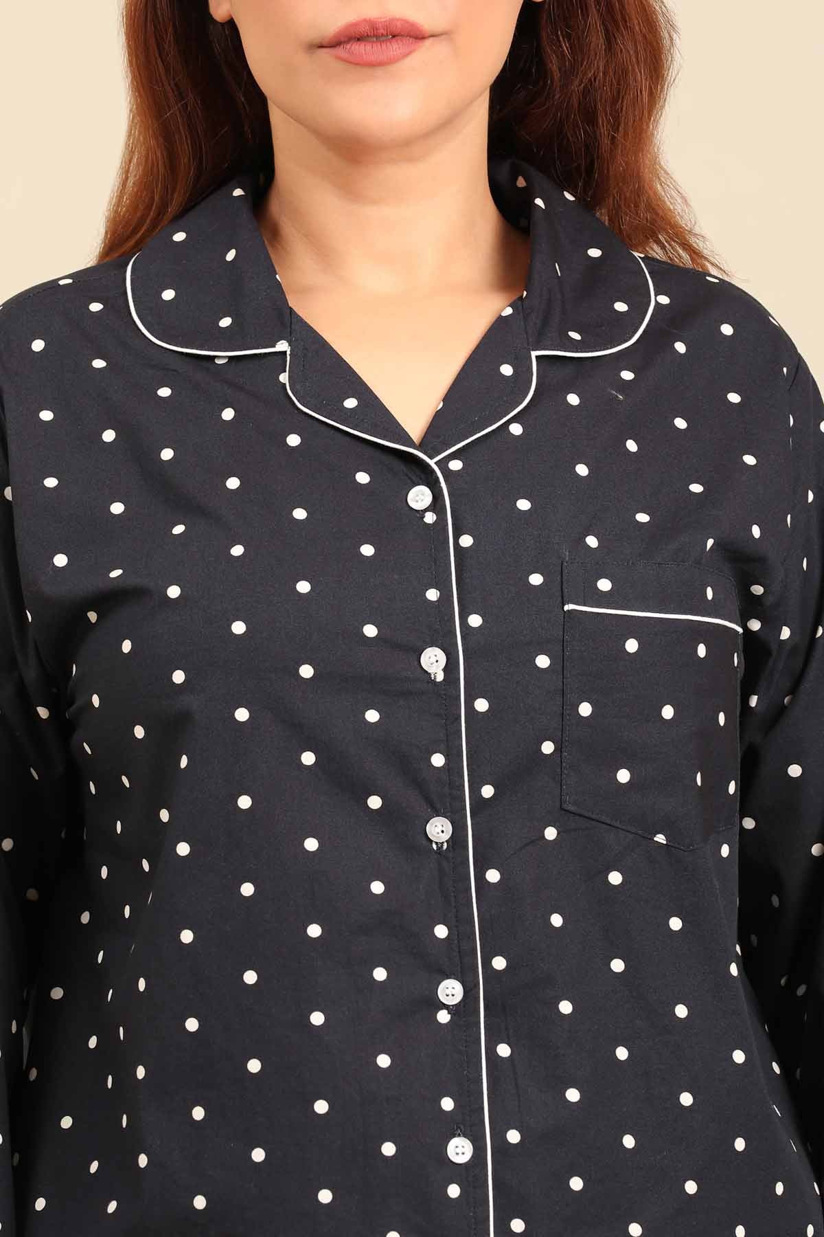 Navy Polka Cotton Blend Women's Curve Pajama Set - Full Sleeves