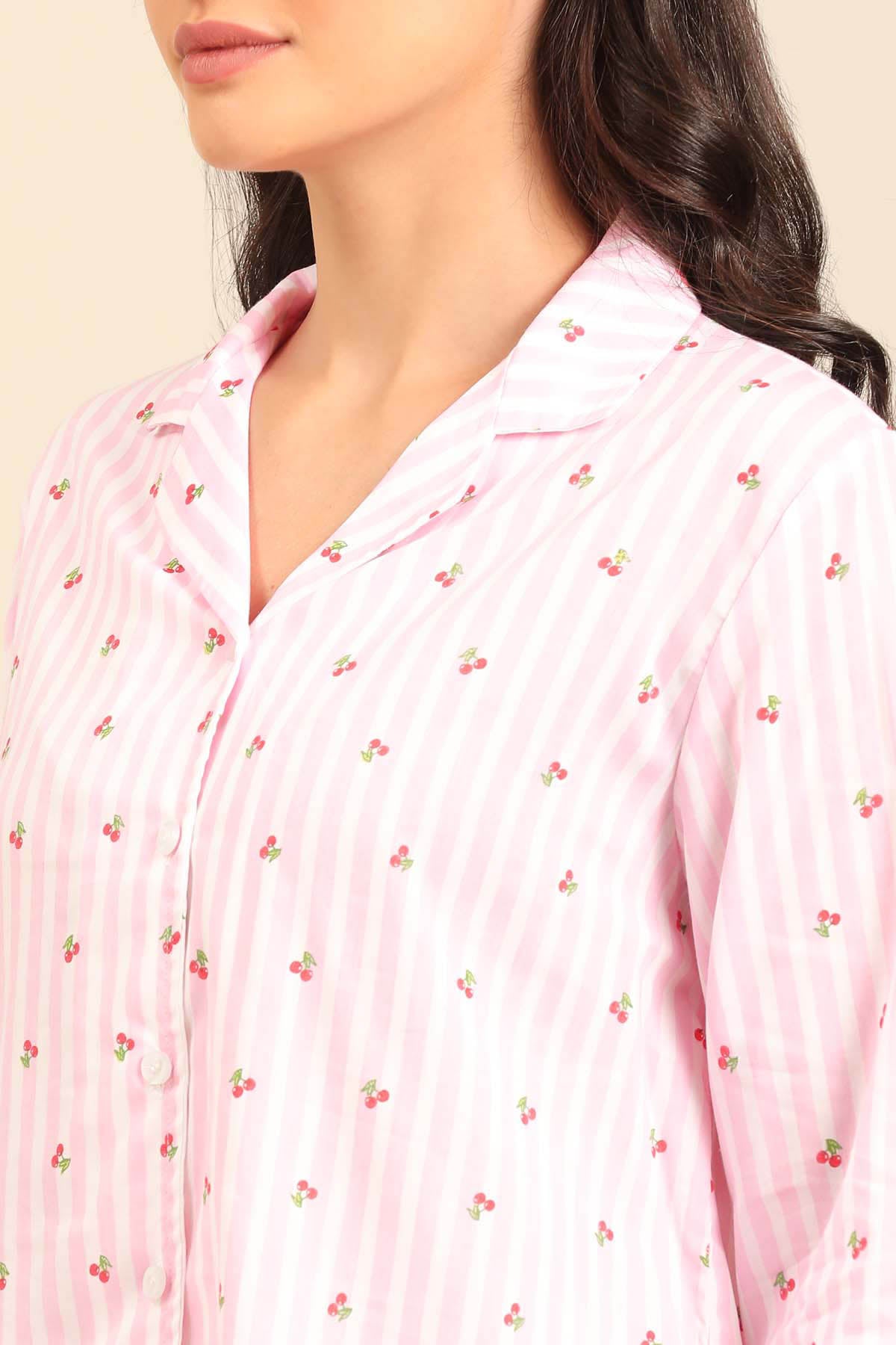 Cherry Stripe Cotton Women's Shorts Set - Full Sleeves