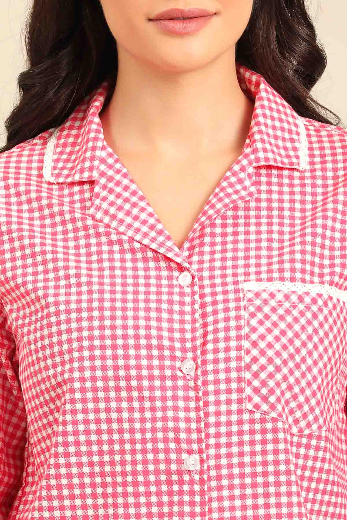 Red Gingham Check Cotton Blend Women's Pajama Set - Full Sleeves
