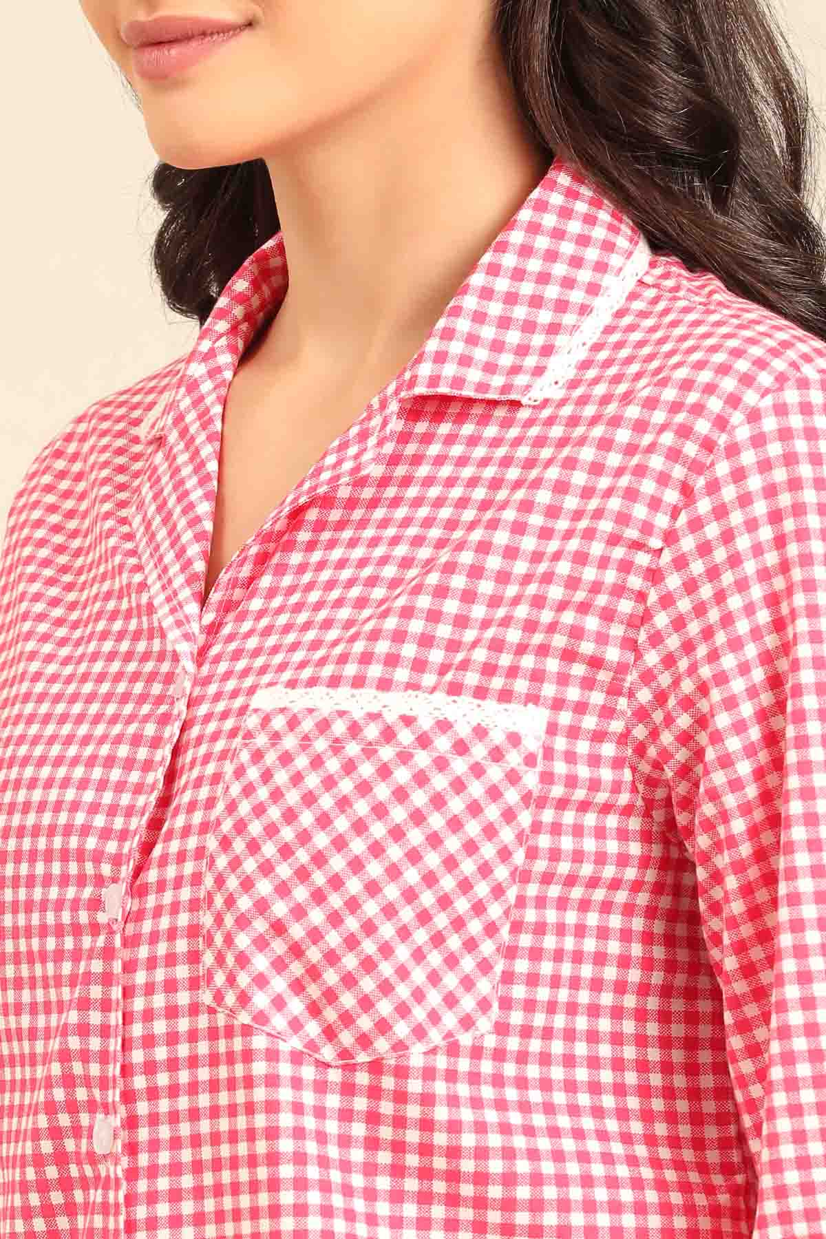 Red Gingham Check Cotton Blend Women's Shorts Set - Full Sleeves
