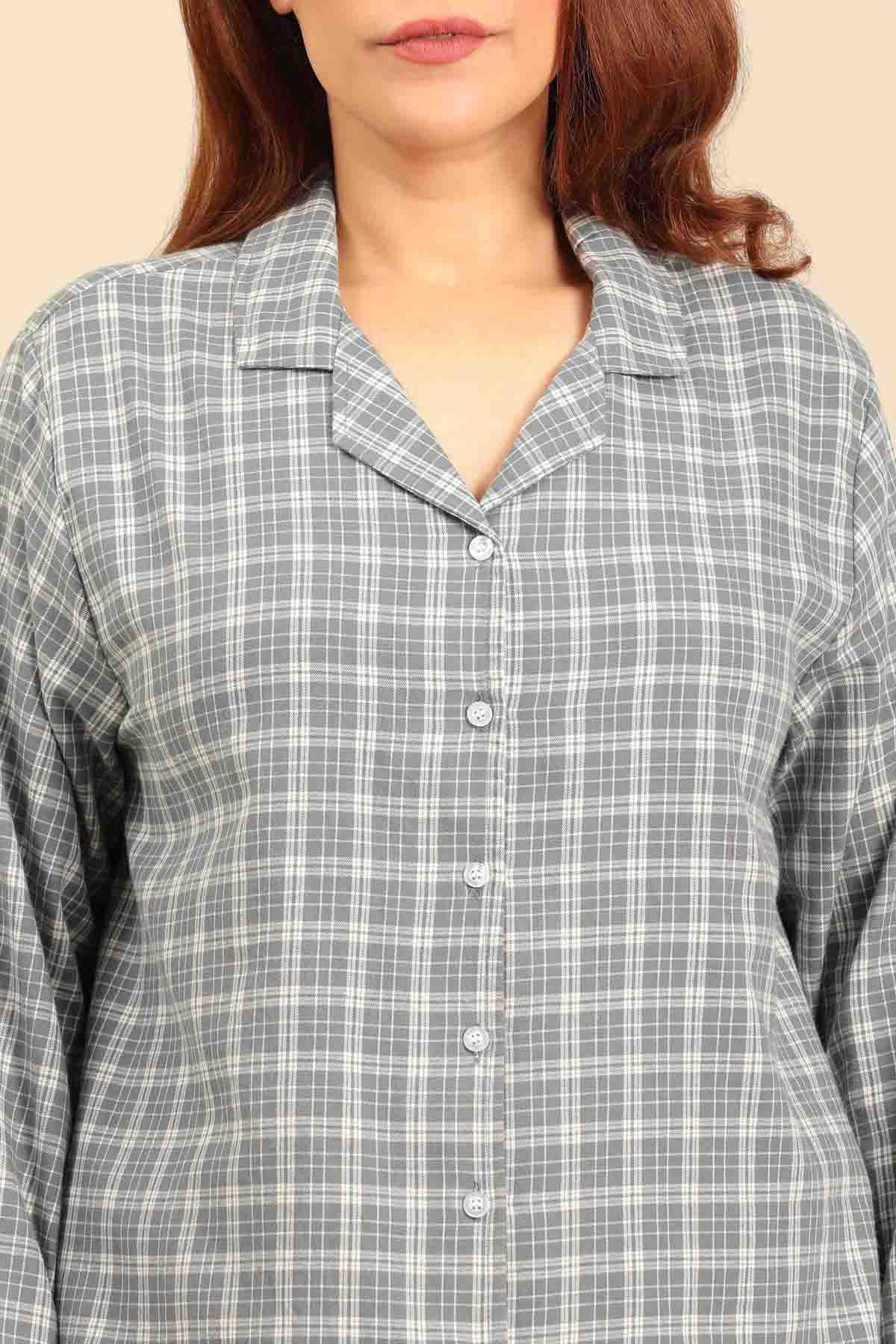 Dusty Blue Check Cotton Twill Women's Curve Pajama Set - Full Sleeves