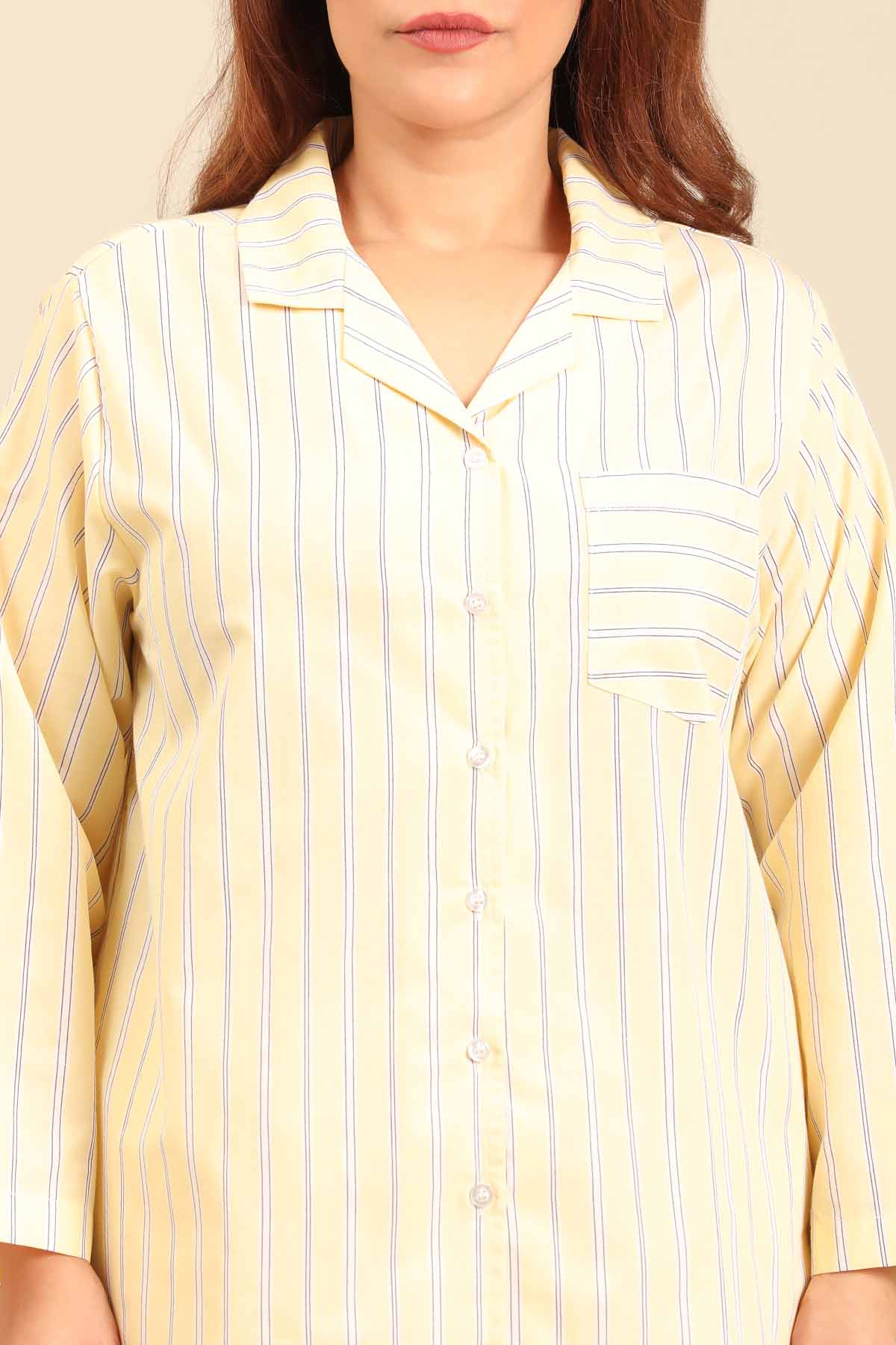 Butter Yellow Stripe Cotton Blend Women's Curve Pajama Set - Full Sleeves