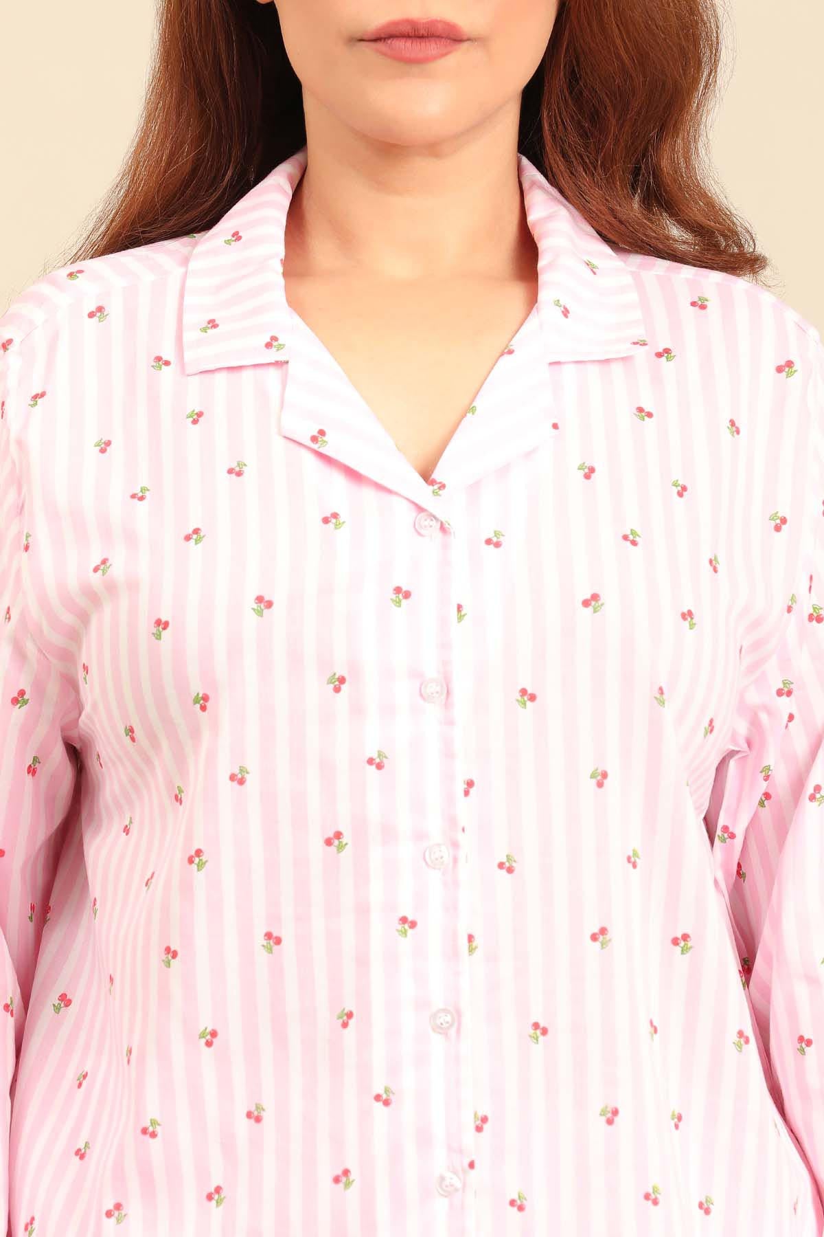 Cherry Stripe Cotton Women's Curve Pajama Set - Full Sleeves
