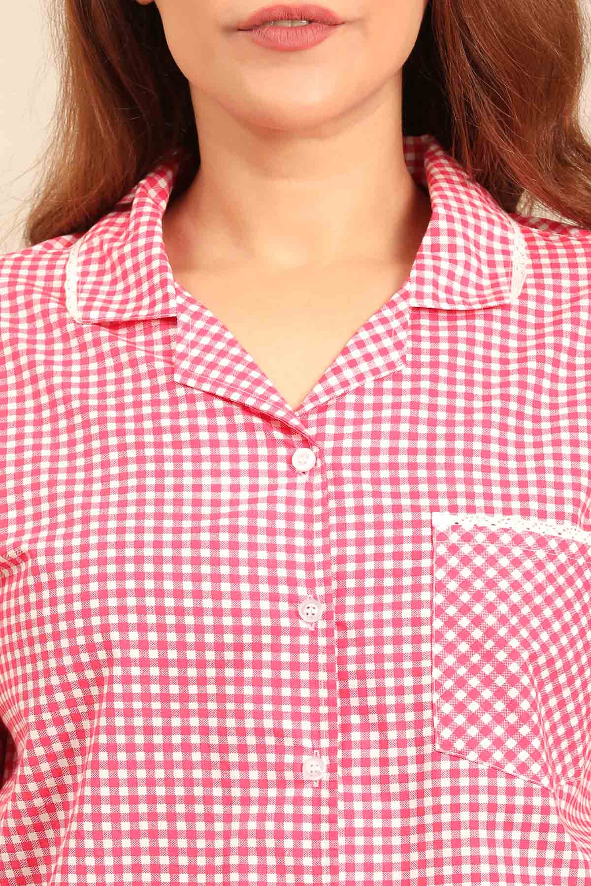 Red Gingham Check Cotton Blend Women's Curve Pajama Set - Half Sleeves