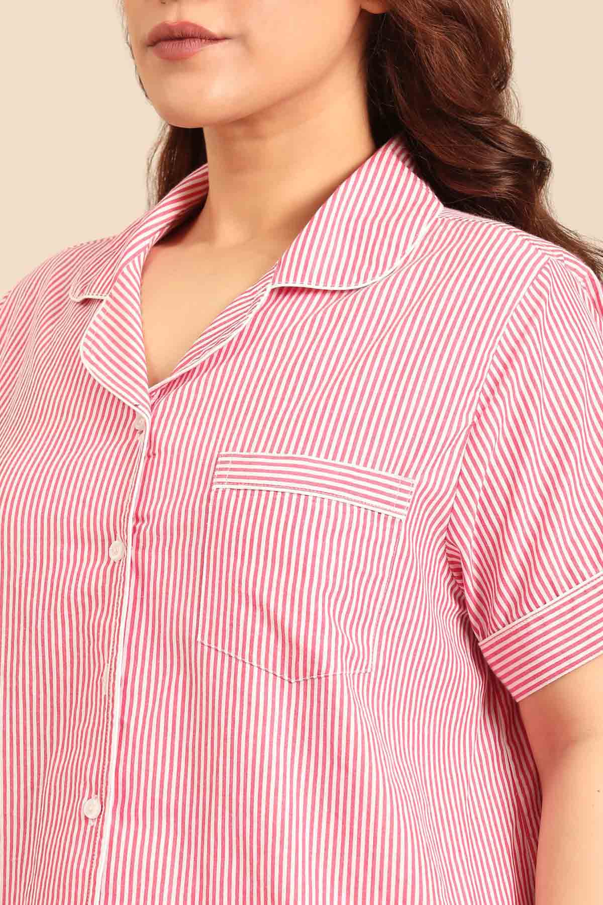 Sienna Red Pinstripe Cotton Women's Curve Shirt Only - Half Sleeves