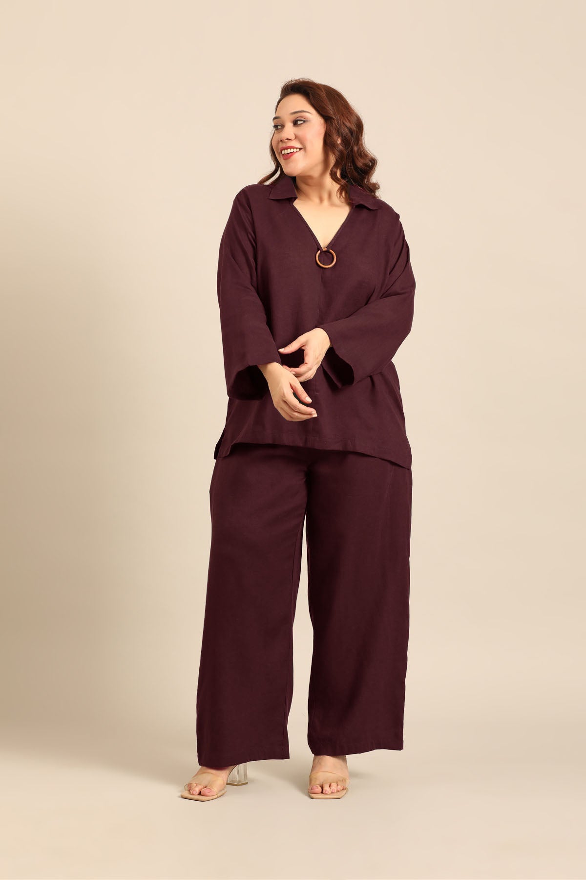 Tessa Wine Linen Blend Women's Co-ord Set