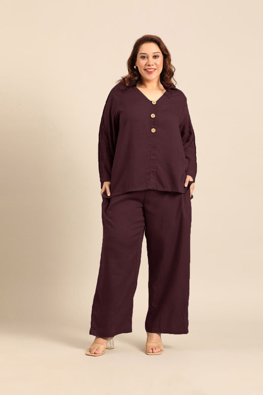 Kylie Wine Linen Blend Women's Co-ord Set