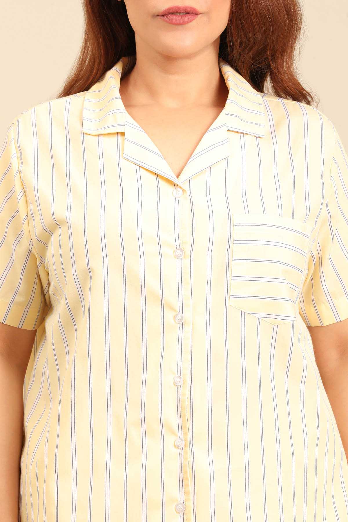 Butter Yellow Stripe Cotton Blend Women's Curve Pajama Set - Half Sleeves