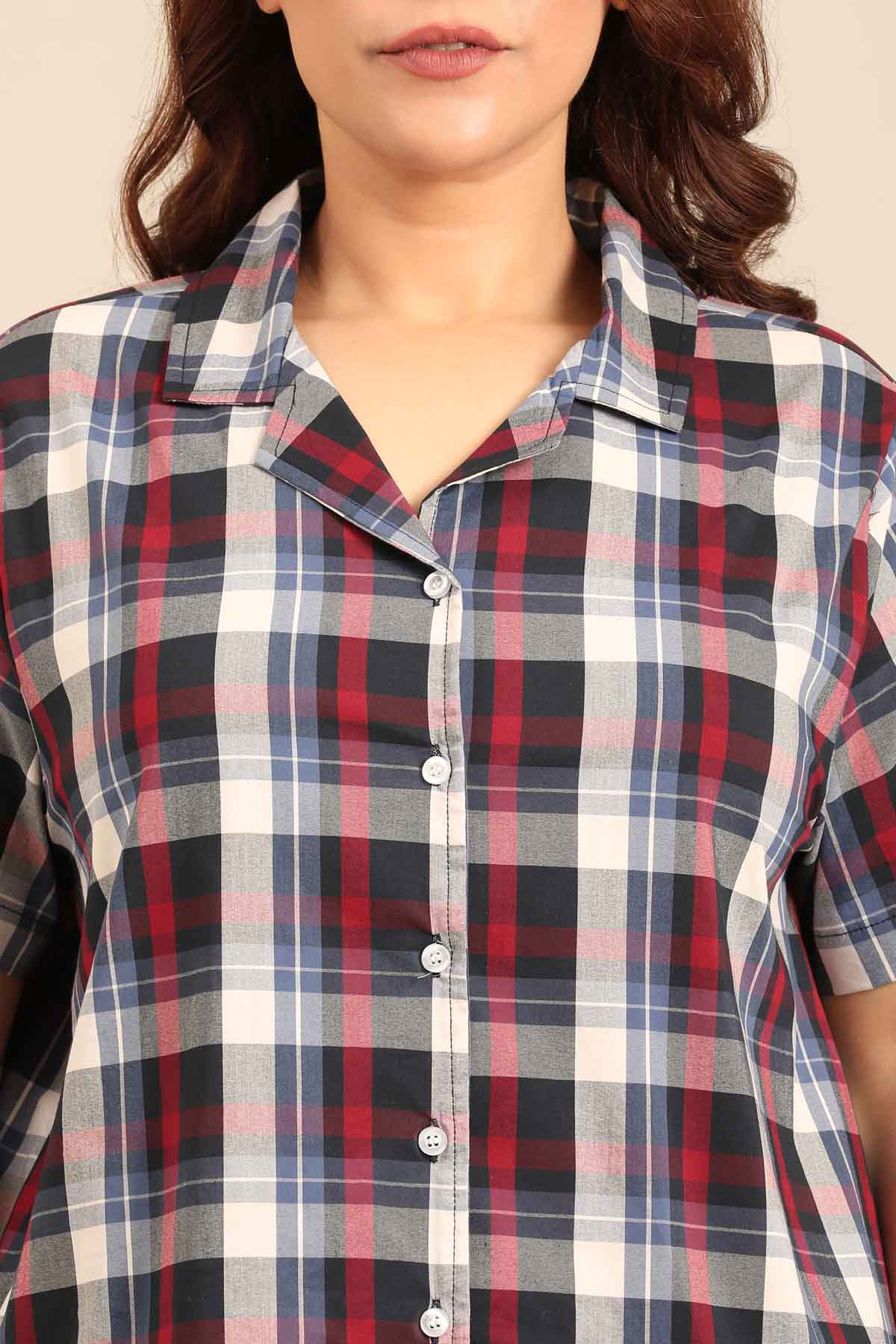 Leah Check Cotton Blend Women's Curve Shirt Only - Half Sleeves