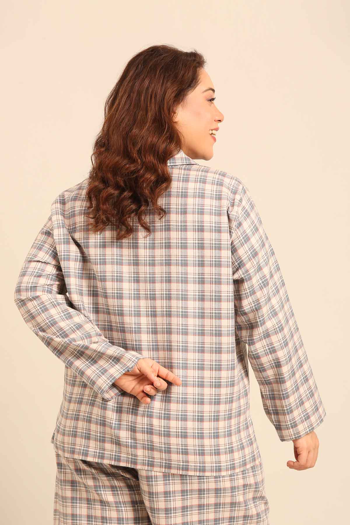 Beige Plaid Cotton Women's Curve Shirt Only - Full Sleeves