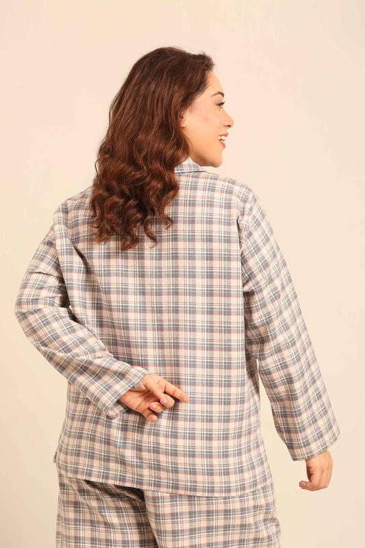 Beige Plaid Cotton Women's Curve Shirt Only - Full Sleeves