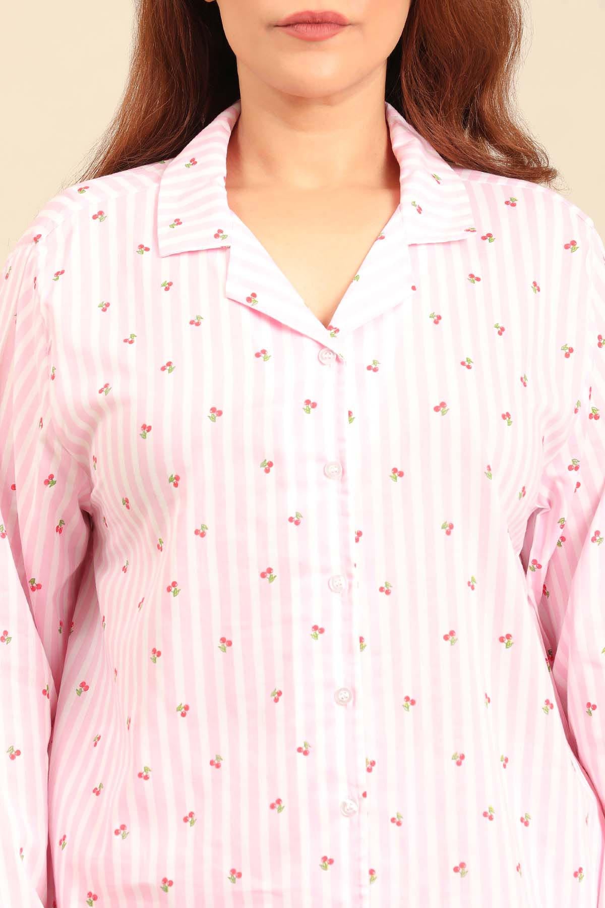 Cherry Stripe Cotton Women's Curve Shorts Set - Full Sleeves
