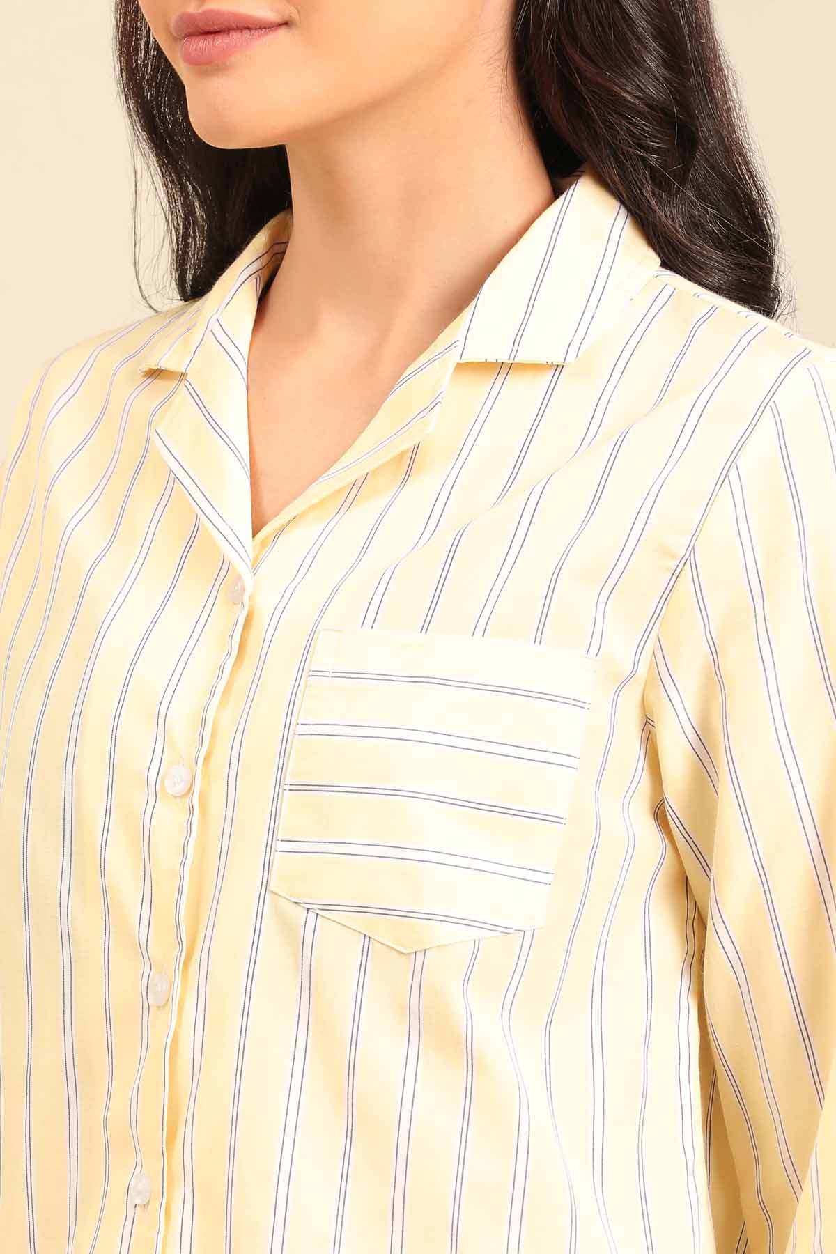 Butter Yellow Stripe Cotton Blend Women's Shorts Set - Full Sleeves
